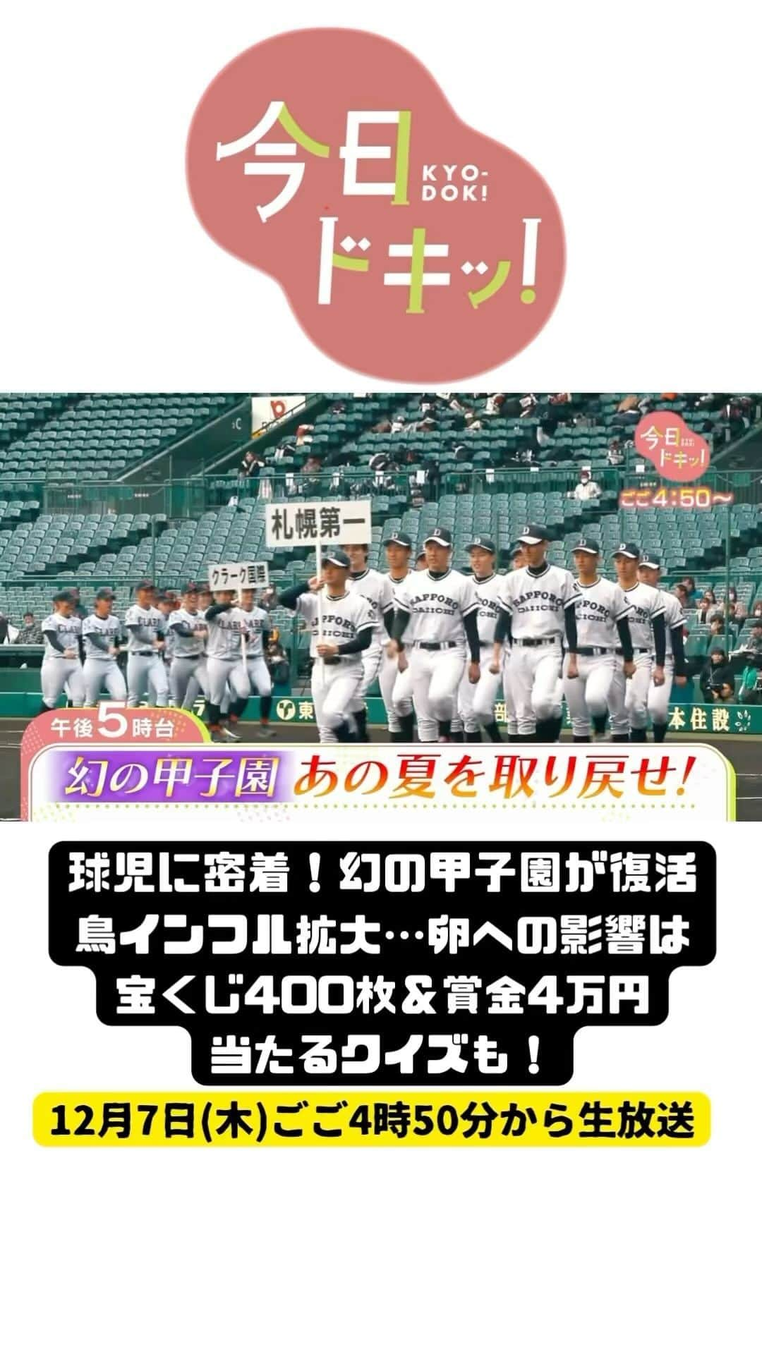 北海道放送「今日ドキッ!」のインスタグラム：「12月7日(木) #今日ドキッ ！ラインナップは  ⚪︎卵の価格に大きく影響…過去最速ペースの鳥インフルどう対策？ ⚪︎球児に密着！消えたあの甲子園を取り戻せ ⚪︎やっぱり手放せない！新年の手帳はコレだ！ ⚪︎クイズランクイーン賞金4万円&宝くじ400枚が当たる #hbc #森田絹子 #堀啓知」