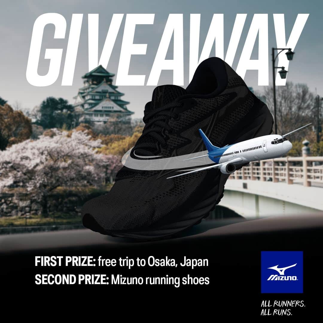 MizunoRunningのインスタグラム：「🚨GIVEAWAY ALERT 🚨 WIN A TRIP TO JAPAN 🇯🇵 ✈️⁠  To celebrate our "Why Do You Run?" Campaign, we are giving away;⁠ 👑 Major Prize: Trip to Osaka, Japan (scroll down for more details)⁠ 👑 Minor Prize: Pair of Mizuno Shoes⁠ ⁠ HOW TO APPLY⁠ ✅ 1. Be following @mizunorunningusa  ✅ 2. Like this post ✅ 3. Share your most memorable running experience with us.⁠ ✅ 4. Tell us “Why do you run” in one sentence ⁠ eg: Enjoyment – Running with friends every Saturday ⁠ ⁠ We are looking forward to hearing “Why Do You Run?” 🏃⁠ 2 individual winners will be invited globally to Osaka on Feb 22nd - 26th  Competition Closes: 12/10/2023 ⁠ Terms & conditions apply.⁠ Mizuno corporate is not affiliated with Instagram and Facebook in any way.⁠ The giveaways are not subject to transfer to others.⁠ Major Prize winner to be selected by Mizuno Corporation (Global)⁠ Minor Prize winner to be selected by Mizuno USA Ltd.  Winners will be announced on December 22nd, 2023  #mizunorunning #mizunowhydoyourun #giveaway」