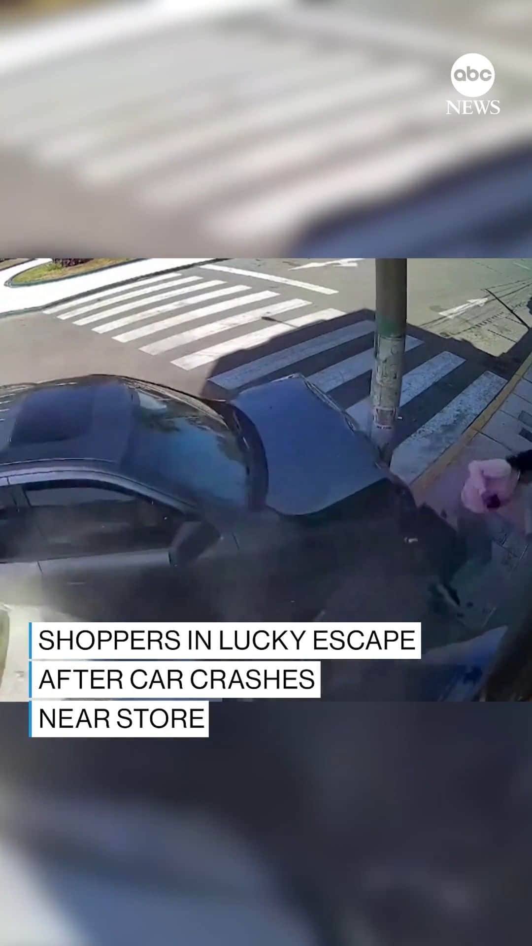 ABC Newsのインスタグラム：「Dramatic video shows a lucky escape for shoppers who narrowly missed being hit by a car, after they were saved when the vehicle was stopped by hitting a telephone pole.」