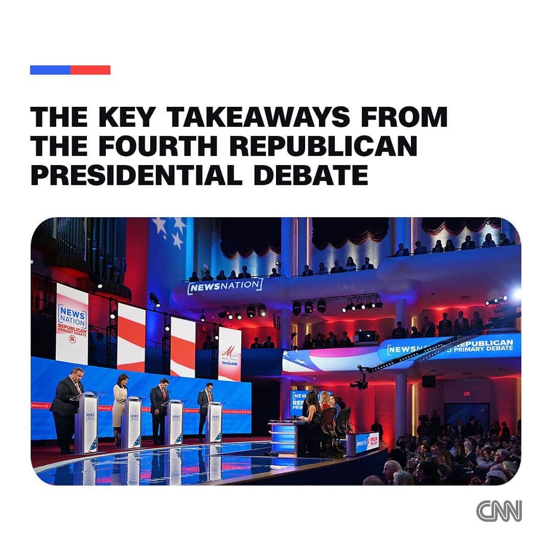 CNNのインスタグラム：「The fireworks were back as four Republican candidates vying to emerge as the party’s top alternative to Donald Trump in the 2024 presidential primary met Wednesday night in Alabama for their fourth debate.  With the smallest number of debate participants yet, and the mounting pressure with Iowa’s caucuses less than six weeks away, all four contenders came out swinging in Tuscaloosa.  Read more at the link in our bio.  📷: Brandon Bell/Getty Images; Justin Sullivan/Getty Images; Alyssa Pointer/Reuters; Justin Sullivan/Getty Images; Gerald Herbert/AP」