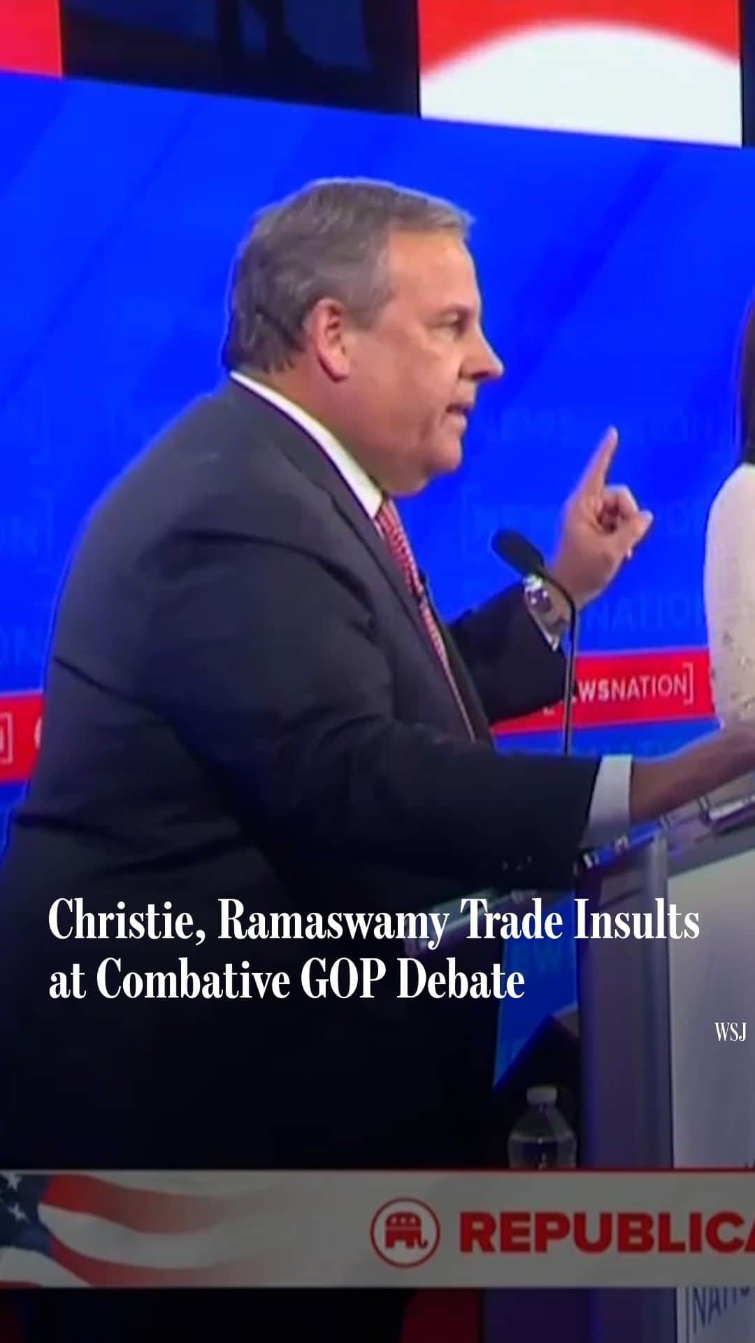 Wall Street Journalのインスタグラム：「Former New Jersey Gov. Chris Christie traded barbs with entrepreneur Vivek Ramaswamy over Ukraine policy in a combative night at the fourth Republican presidential debate.⁠ ⁠ Read more at the link in our bio.⁠ ⁠ Video: NewsNation」