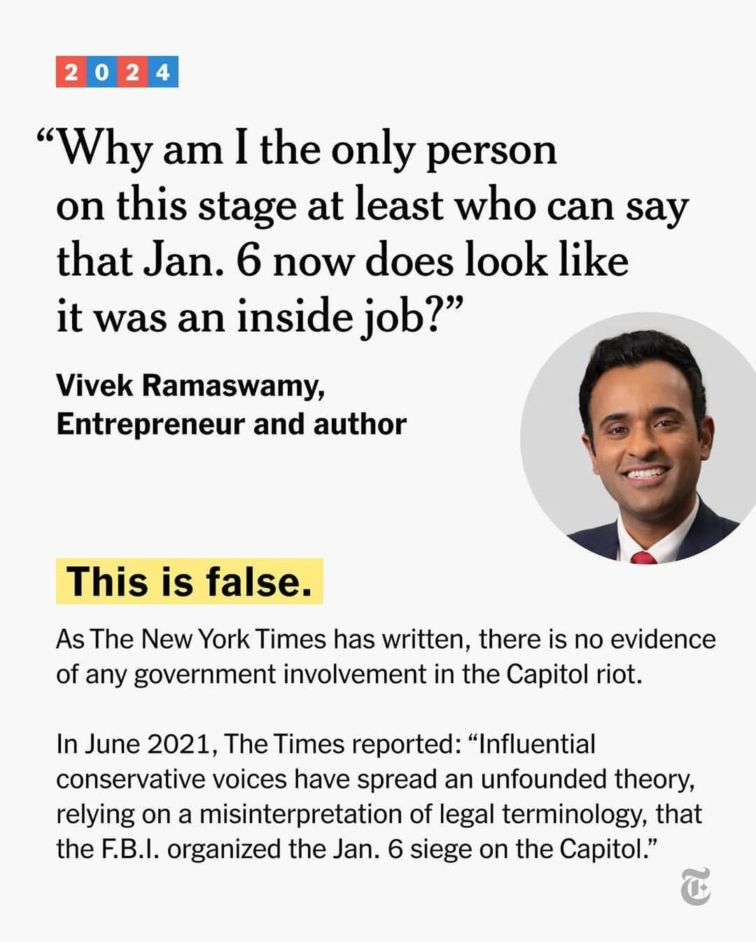 ニューヨーク・タイムズのインスタグラム：「At the Republican presidential debate Wednesday night, the stage was smaller, the attacks were familiar and the claims ranged from true to questionable as the rivals faced off for the last time this year.  Vivek Ramaswamy, an entrepreneur and author who regularly has esoteric facts and theories at the ready in an effort to vanquish his opponents on the debate stage, made a series of questionable claims as he sought to dent the armor of his rivals. While Ramaswamy rattled off right-wing conspiracy theories about the Jan. 6 riots and Sept. 11 attacks, the other candidates also raised eyebrows.  We fact-checked some of the candidates’ statements from the debate. Read the full analysis at the link in our bio.」