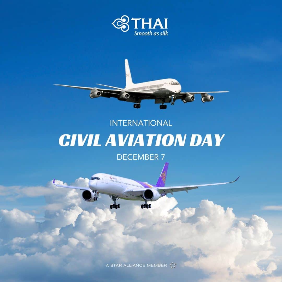 タイ航空のインスタグラム：「Happy International Civil Aviation Day! 🌐✈ Cheers to everyone who is working their best to keep us safe in the sky. THAI will also do our best to continue the smooth as silk journey and take you to new heights with a touch of Thai.  #ThaiAirways #SmoothAsSilk #FlyDay2023 #internationalcivilaviationday」