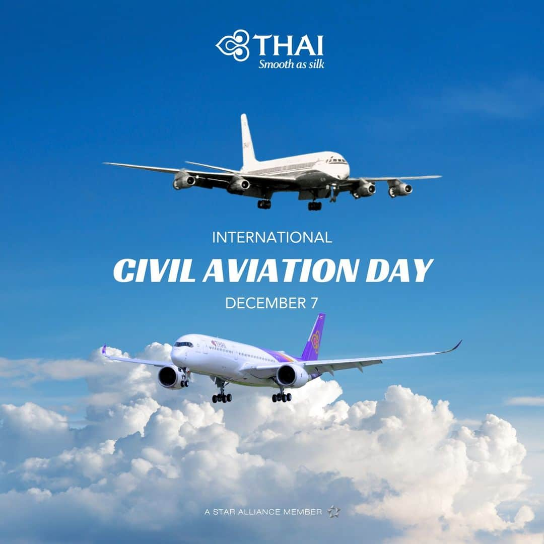 タイ航空さんのインスタグラム写真 - (タイ航空Instagram)「Happy International Civil Aviation Day! 🌐✈ Cheers to everyone who is working their best to keep us safe in the sky. THAI will also do our best to continue the smooth as silk journey and take you to new heights with a touch of Thai.  #ThaiAirways #SmoothAsSilk #FlyDay2023 #internationalcivilaviationday」12月7日 18時35分 - thaiairways