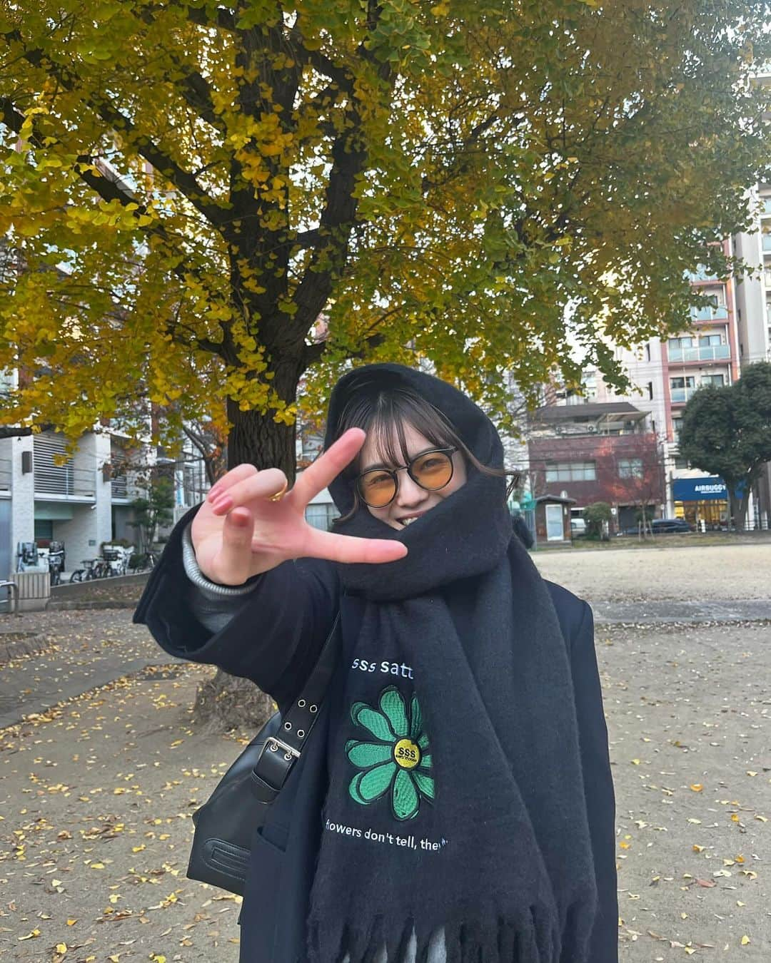 青井乃乃のインスタグラム：「公園に行ったら銀杏がまだまだ綺麗だったよ~🍁 東京にある銀杏並木にもいつか行きたい😭  この日つけてたマフラーは @ssssattimouse  さんのでお花のマークが可愛い🫢💞~ 暖かくて最高👍🏻  何枚目かの写真はサングラスを落として必死に拾おうとしてるの笑 何枚目か分かったかな？😹笑  #青井乃乃」