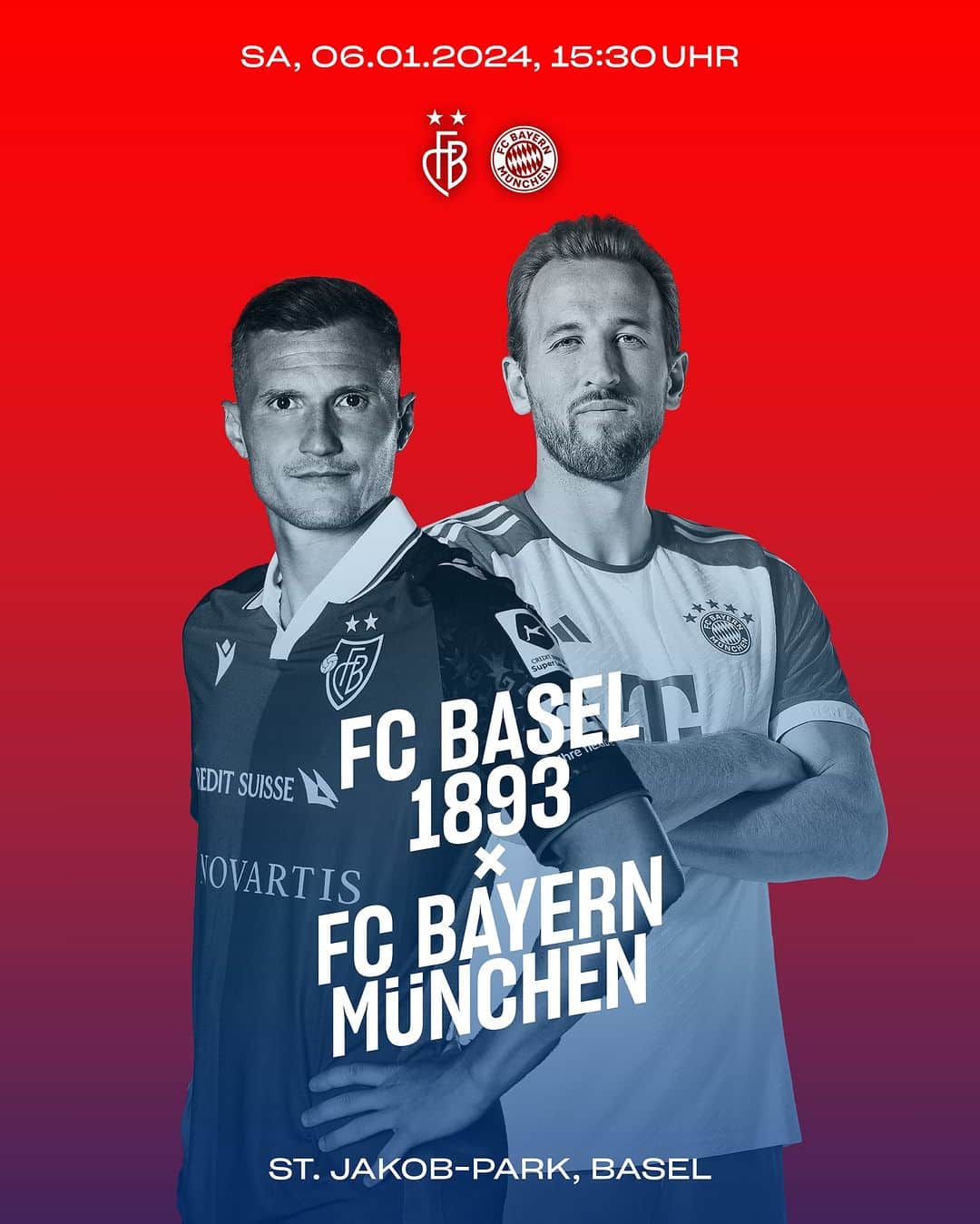 FCバーゼルのインスタグラム：「🔴🔵 𝕂𝕠𝕞𝕞 𝕒𝕟𝕤 𝕖𝕣𝕤𝕥𝕖 𝔽𝕦𝕤𝕤𝕓𝕒𝕝𝕝𝕤𝕔𝕙𝕞𝕒𝕟𝕜𝕖𝕣𝕝 𝕚𝕞 𝟚𝟘𝟚𝟜 𝕘𝕖𝕘𝕖𝕟 𝕕𝕖𝕟 𝔽ℂ 𝔹𝕒𝕪𝕖𝕣𝕟 𝕄ü𝕟𝕔𝕙𝕖𝕟 – 𝕤𝕚𝕔𝕙𝕖𝕣𝕖 𝕕𝕚𝕣 𝕛𝕖𝕥𝕫𝕥 𝕕𝕖𝕚𝕟 𝕋𝕚𝕔𝕜𝕖𝕥  🔴⚪️   ⚽ FC Basel 1893 vs @fcbayern 🗓️ 6. Januar 2024, 15.30 Uhr 📍 St. Jakob-Park 🎟️ tickets.fcb.ch   #FCBasel1893 #AlliZämme」