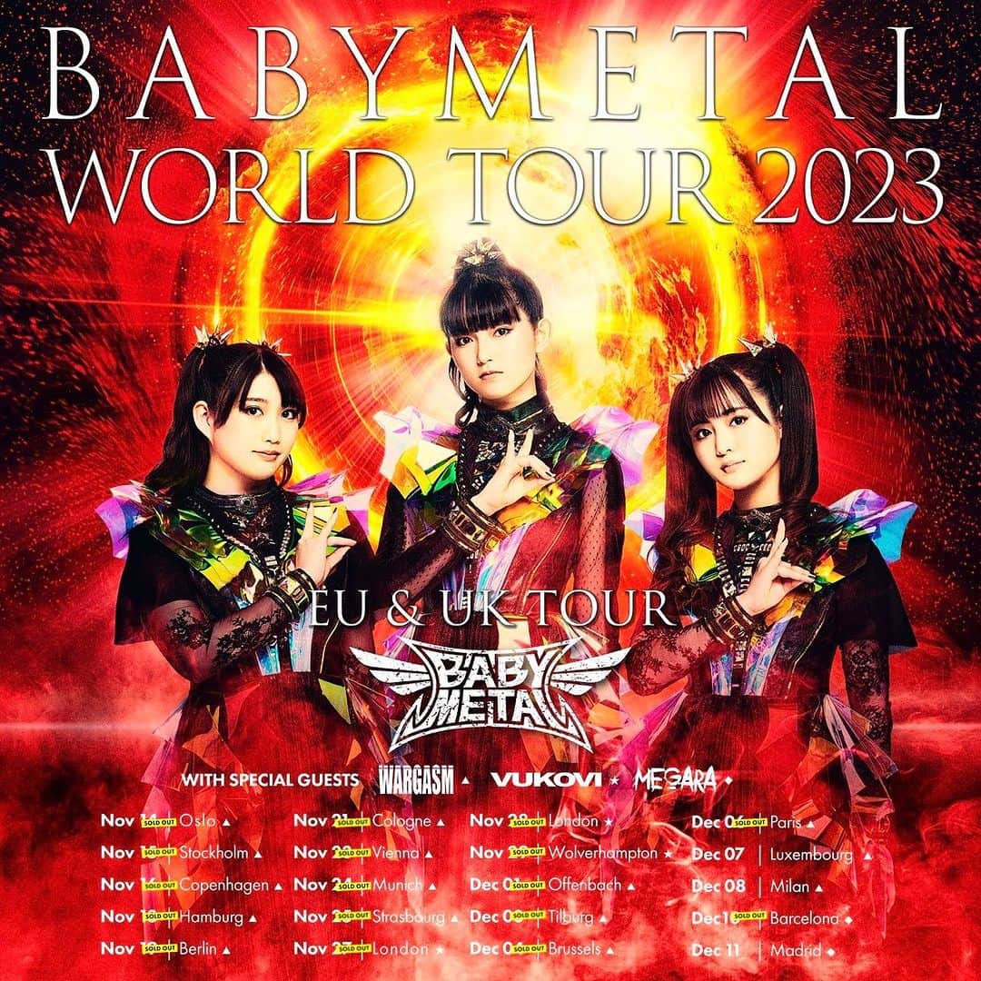 BABYMETALのインスタグラム：「Thank you for coming out to our shows!!🎤♫ Just a few more to go!!💨💨💨 Only a few tickets left for Luxembourg, Milan and Madrid Get it while you can!!💨💨💨 See you there!!😎  #BABYMETAL #BABYMETALWORLDTOUR2023」