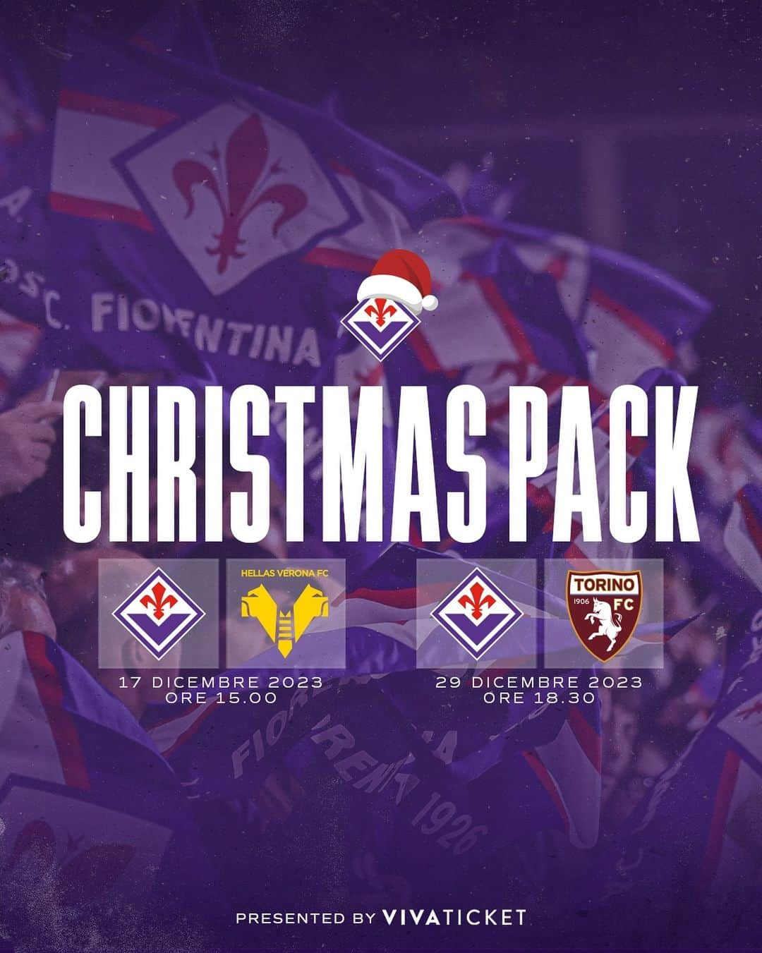 ACFフィオレンティーナのインスタグラム：「È arrivato il Christmas Pack 🎟️⚜️🎄 Regalati un Natale Viola💜  🆚 Hellas - 17 dicembre ore 15 🆚 Torino - 29 dicembre ore 18.30  Non lasciartelo scappare: LINK IN BIO  Ti aspettiamo al Franchi💜  #forzaviola #fiorentina」