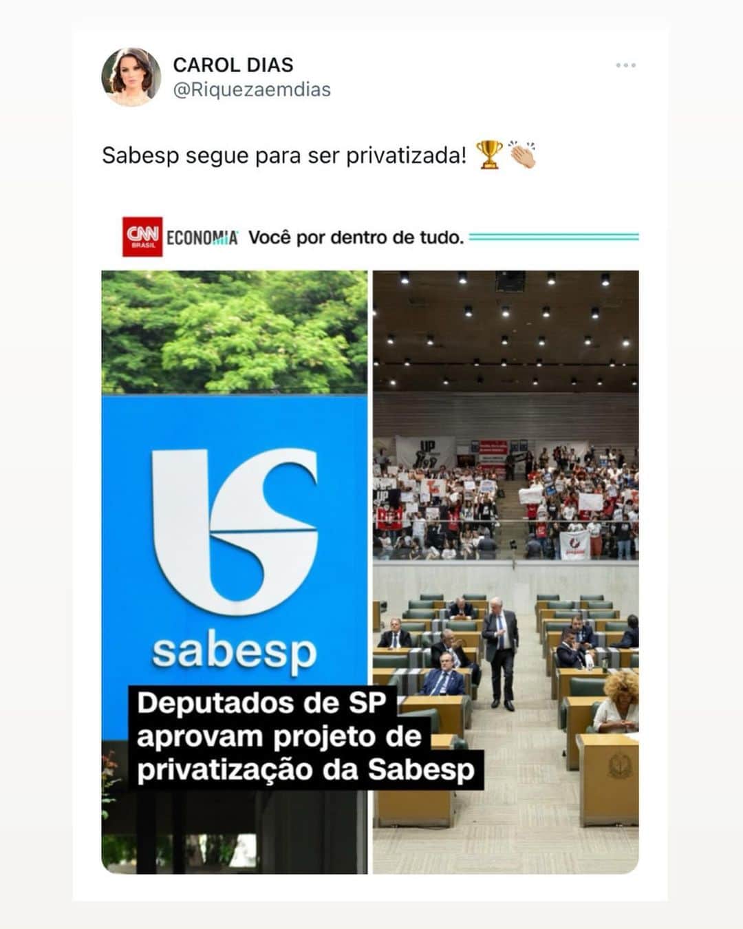 Carol Diasのインスタグラム：「A Sabesp sera privatizada?   Você concorda com isso?  Comente aqui em baixo sua opinião 👇🏼」