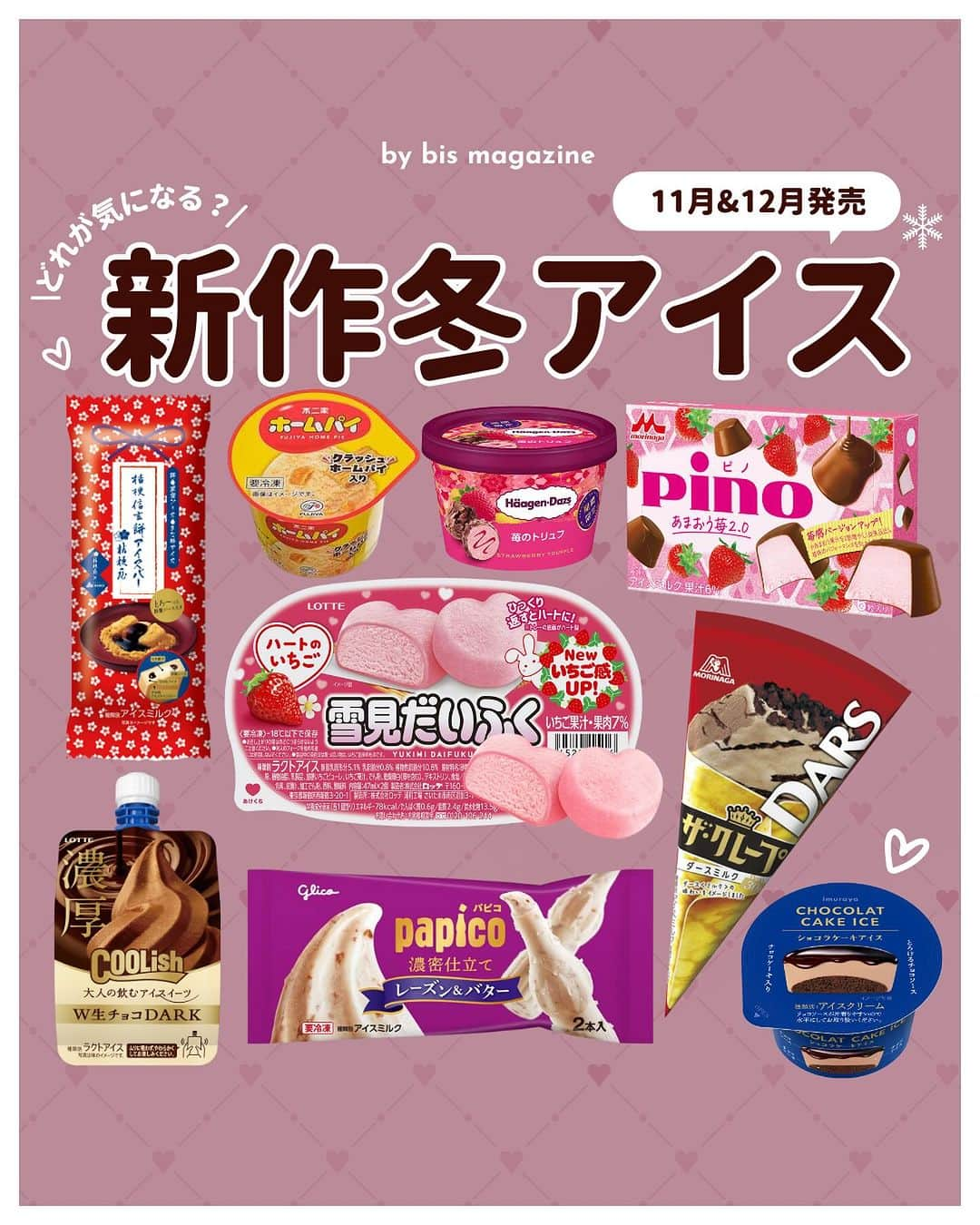 bis_web bis [ビス] さんのインスタグラム写真 - (bis_web bis [ビス] Instagram)「𓊆新作・冬アイス🍨 𓊇  全国のコンビニやスーパーで買える 新作のアイスをご紹介❄️🏪 季節限定のフレーバーもたくさんあるよ🫶🏻 気になるアイスはみつかった？🍨🤍  #新作アイス #コンビニアイス #コンビニ新商品  #アイス部  #コンビニアイス部 #セブンイレブンアイス#ファミマアイス #ローソンアイス#アイスクリーム #ピノ #ハーゲンダッツ #ハーゲンダッツ期間限定 #雪見だいふくハートのいちご #クーリッシュ  #bis_web」12月7日 21時02分 - bis_web