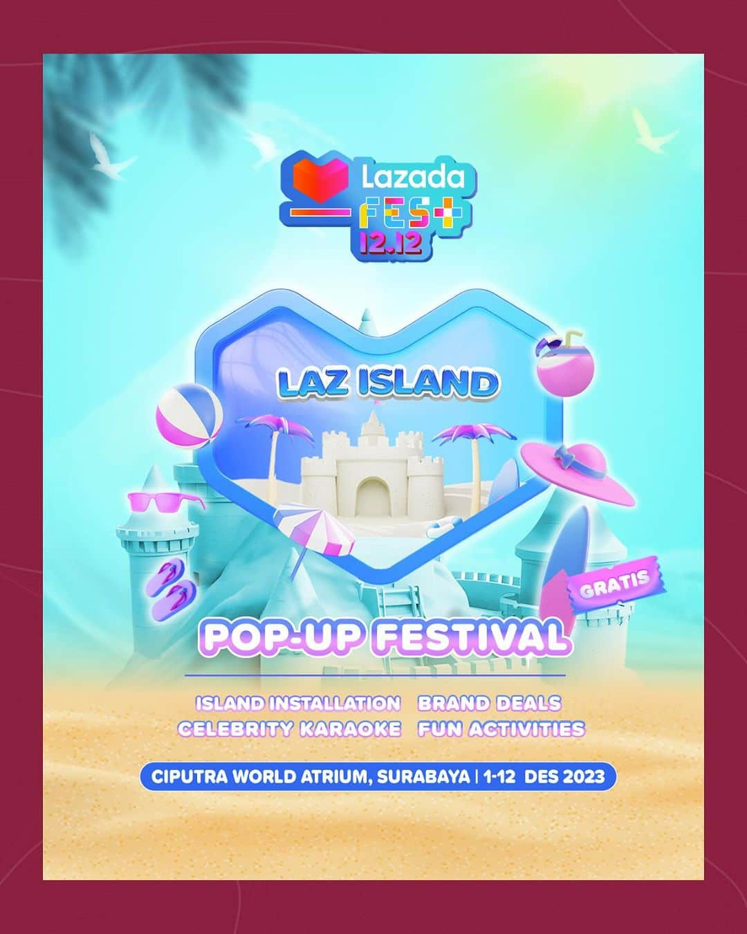 Beauty | Health | Fashionのインスタグラム：「Belanja dengan vibes pantai dan setiap sudutnya bisa jadi spot foto-foto?   Cuma di Laz Island Surabaya - Lazada Fest 12.12 Pop Up Festival.  Ada berbagai aktivitas seru selama 12 hari mulai dari belanja produk-produk beauty, fashion, dan home & living pilihan serta produk kolaborasi eksklusif 6 KOL dan 6 Beauty Brand.   Selain itu kamu bisa dapet Ice Cream, Karaoke Night, Press On Nails, Dry Massage dan pengalaman belanja ditemenin artis.  📆 : 1-12 Desember 2023 ⏰: 10.00 - 22.00 WIB  📍: Ciputra World Atrium, Surabaya  Info selengkapnya di instagram @lazada_id & @cxomedia  #LazadaFest1212 #SerunyaHabisHabisan」