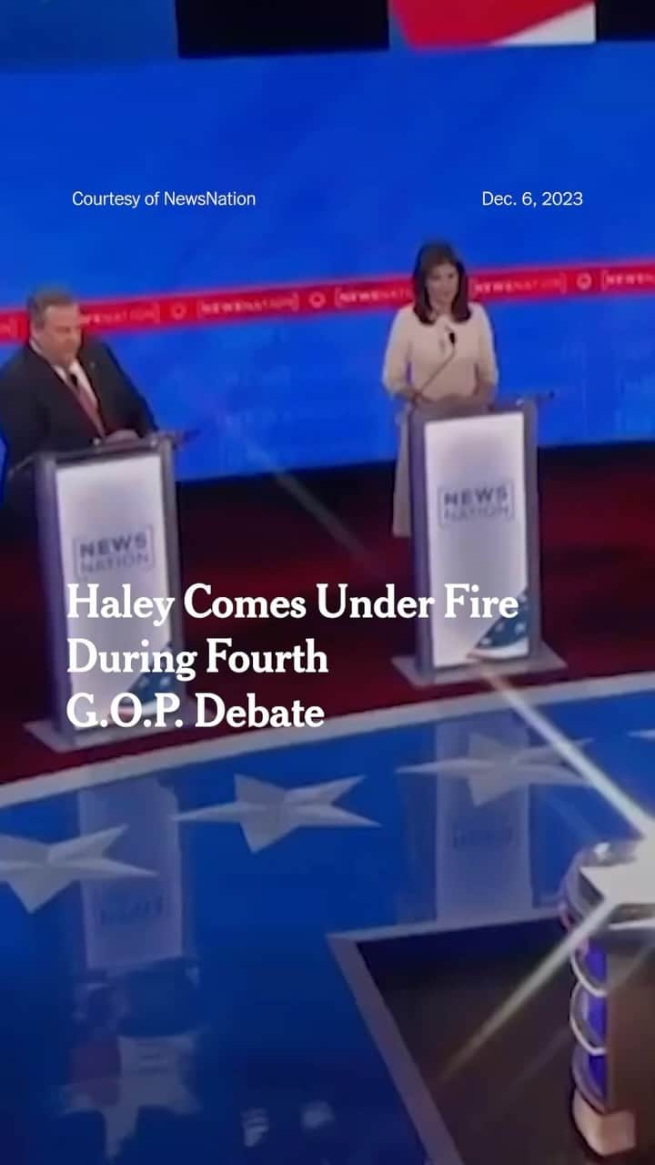 ニューヨーク・タイムズのインスタグラム：「Ron DeSantis and Vivek Ramaswamy went after an ascendant Nikki Haley during the fourth Republican debate. At moments, Chris Christie stepped in to defend her.  Tap the link in our bio to read the biggest takeaway’s from Wednesday’s debate. Video courtesy of NewsNation #newsnation」