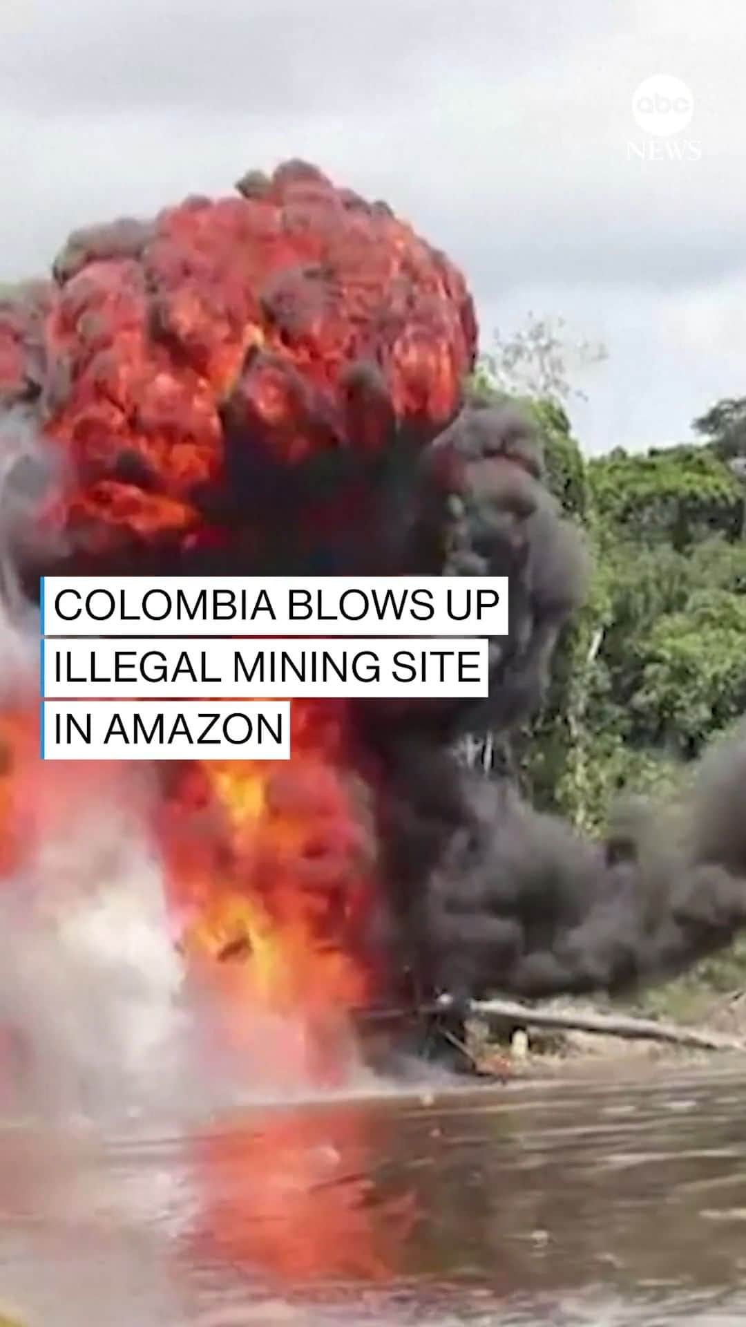 ABC Newsのインスタグラム：「Colombian authorities have blown up an illegal mining site in the country's Amazon, as part of joint efforts with Brazil to crack down on illegal gold mines in the area.」