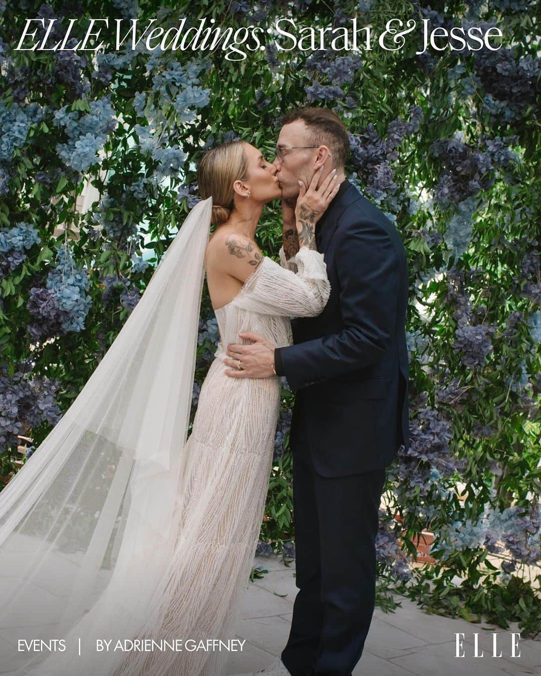 ELLE Magazineのインスタグラム：「When Sarah Jordan and Jesse Buss wanted a family wedding at their Los Angeles home, they didn't mean low-key. Instead, they welcomed their young children into a celebration that included a menu by Carbone, performances from #AndersonPaak and #LilWayne, and a @swarovski basketball hoop on the dance floor. It was, as is fitting for the family behind the @lakers, very L.A. See more at the link in bio. Photos: @normanandblake」