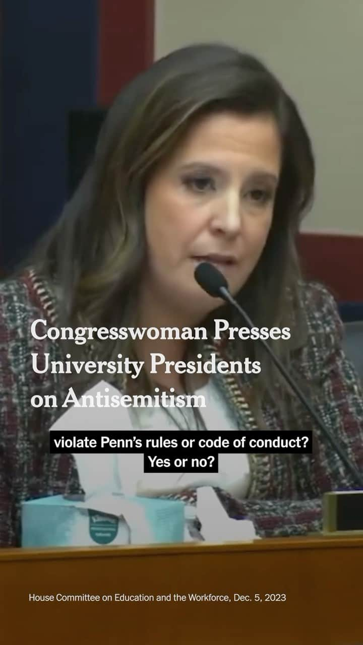 ニューヨーク・タイムズのインスタグラム：「Congresswoman Presses University Presidents on Antisemitism  Representative Elise Stefanik, Republican of New York, repeatedly asked the presidents of MIT, Harvard and the University of Pennsylvania if calling for the genocide of Jews violated the code of conduct at their schools.  Tap the link in our bio to read more.」