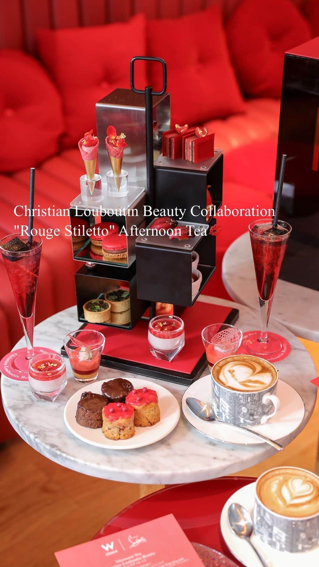 ASUKAのインスタグラム：「. Christian Louboutin Beauty Collaboration "Rouge Stiletto" Afternoon Tea👠  今年10月に発売された「ルージュスティレット」リップスティック。 キャバレーやダンサーから着想を得たエレガントでグラマラスな世界観をアフタヌーンティーでも表現してるよ✨  艶やかなウェルカムモクテル、ルブタンをイメージした赤いスイーツ達💋 セイボリー赤ワインに合うような大人っぽいアフタヌーンティーに仕上がってたよ🍷  💋 @mclaren720st   期間 2023年12月1日（金）～2024年1月31日（水） 場所 LIVING ROOM （3階） 時間 12:00～、14:30～、17:00～、19:30～（各90分制） TEL 06-6484-5812（レストラン予約） 料金 【アフタヌーンティーのみ】 お1人様 ¥8,000（税サ込） 【ルージュスティレット ルミマット ルージュルブタン 001L付き】 お1人様 ¥16,000（税サ込） ※数量限定プラン（予約先着順） ◆どちらのプランも"ルブタン ビューティ"のリップサンプル付き（数量限定）  #ルージュスティレットアフタヌーンティー #wosaka #W大阪 #christianlouboutin #louboutinbeauty #美容好き #コスメ好き」