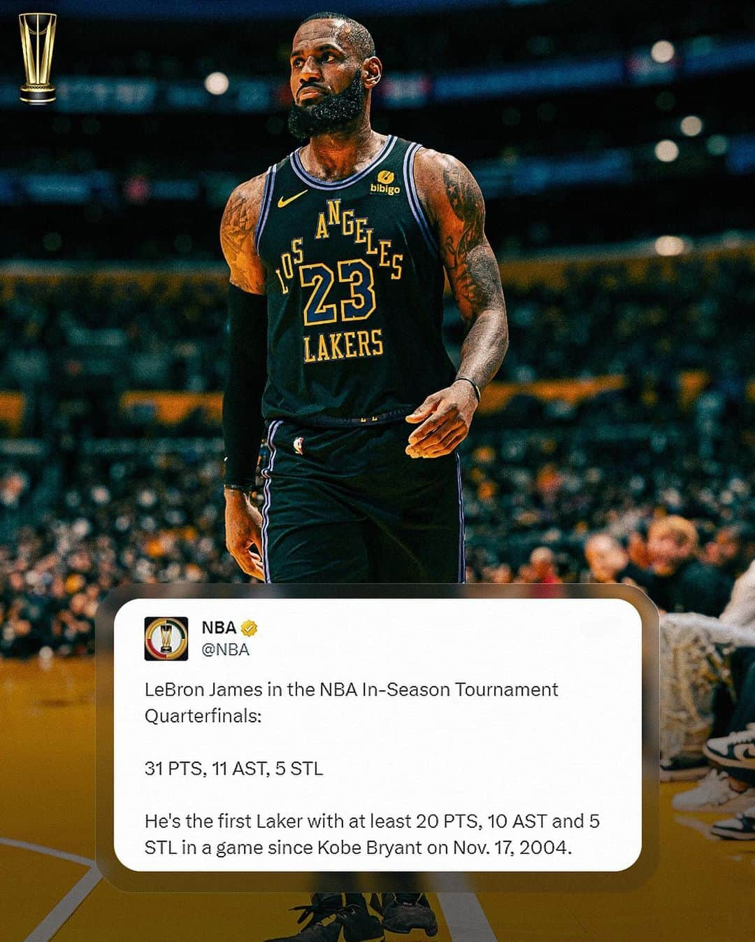 NBAのインスタグラム：「LeBron keeps going!  NBA In-Season Tournament Semis 🆚: PELICANS/LAKERS  🕘: 9:00pm/et on TNT 📺」