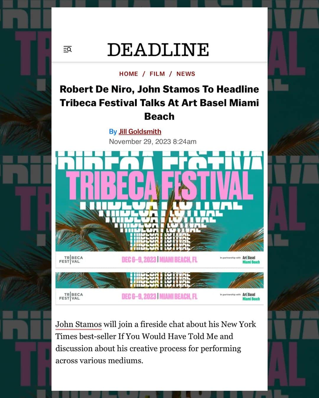 ジョン・ステイモスさんのインスタグラム写真 - (ジョン・ステイモスInstagram)「Catch me tomorrow at the Miami Beach Botanical Garden for @tribeca Festival at @artbasel Miami Beach. Tickets are available now at the link in my bio! #tribecaatartbasel」12月8日 4時25分 - johnstamos