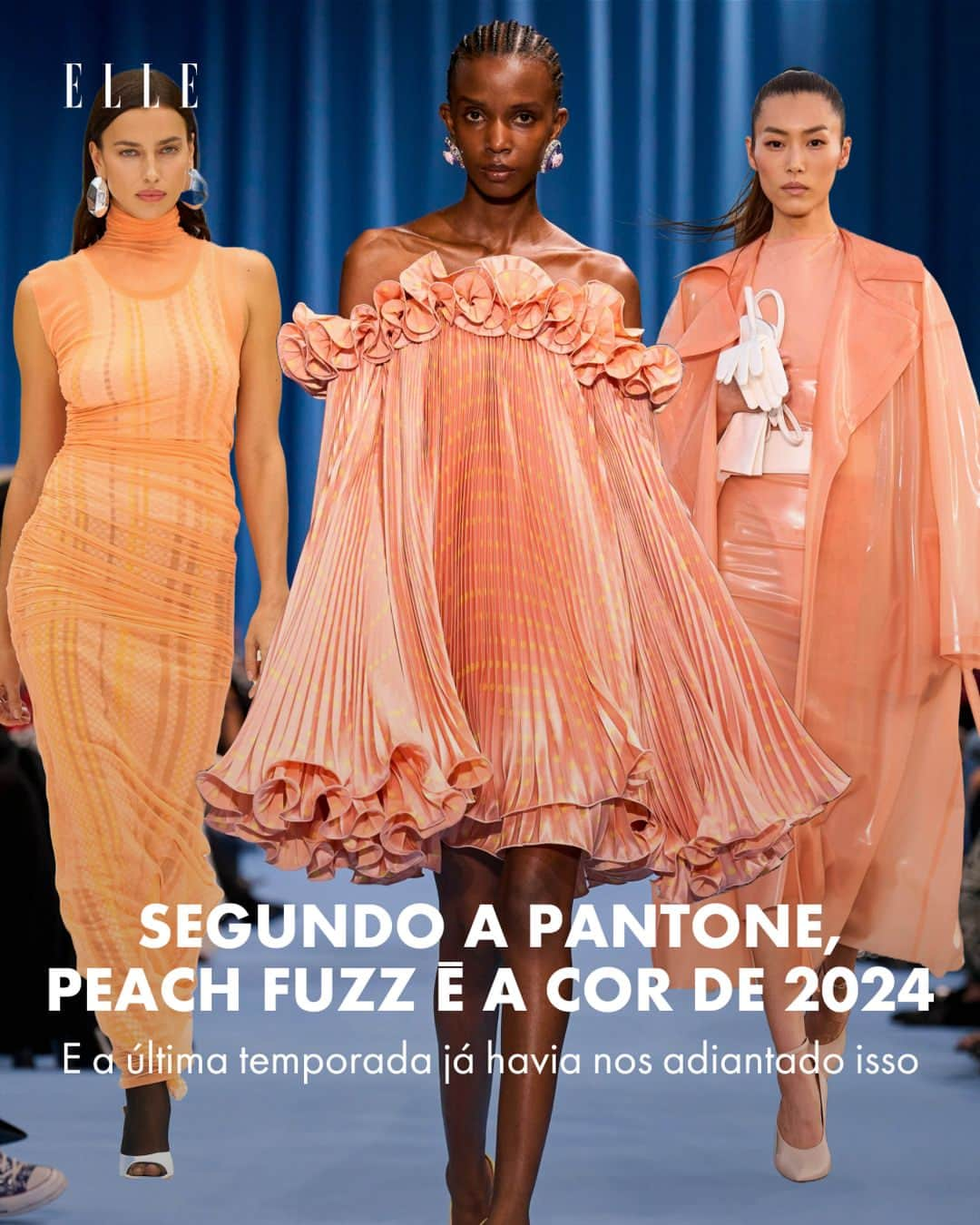 ELLE Brasilのインスタグラム：「A tradicional cor do ano, elegida pela @pantone, foi revelada na manhã desta quinta-feira (7.11). Para 2024, a autoridade global de cores escolheu o Peach Fuzz, um tom de pêssego aconchegante. “Em um momento de turbulência, a decisão expressa a nossa necessidade de carinho, bem como o nosso desejo por um futuro mais pacífico”, afirmou a vice-presidente da instituição, Laurie Pressman, em comunicado. Quem acompanhou a temporada de verão 2024 deve se lembrar da nuance nas passarelas. Das europeias @balmain e @maisonalaia às brasileiras @marinabitu e @lucasleao.co, são várias as etiquetas que já haviam adiantado o tom entre o laranja e o rosa em suas coleções. 🍑 Curtiu a escolha?」