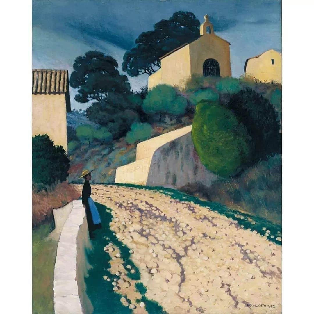 テート・ギャラリーのインスタグラム：「'I paint for people who have an unspoken voice deep inside them' - Félix Vallotton  Painted by Félix Vallotton in 1922, 'Road at St Paul (Var)' shows the French town of St Paul, a short distance from Cagnes where the artist usually spent the winter months. There is a cinematic quality to much of Vallotton's work. He often conjured a sense that something mysterious lay beneath his scenes. 🌙✨」