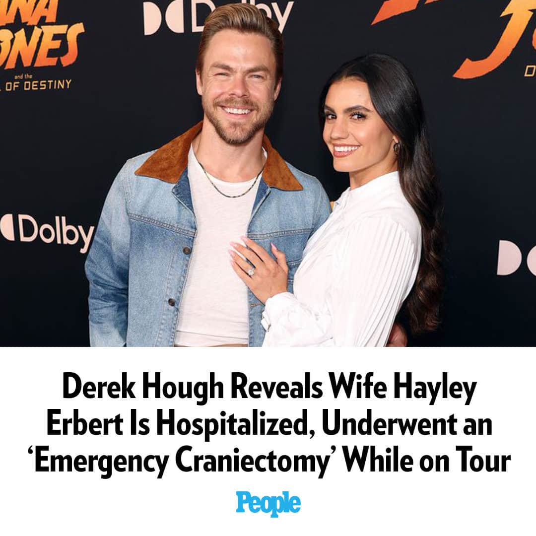 People Magazineのインスタグラム：「Derek Hough revealed that his wife Hayley Erbert was hospitalized and rushed into emergency surgery. On Thursday, the Dancing with the Stars judge announced on Instagram that his wife was being treated for a cranial hematoma — when blood collects in the skull — after experiencing symptoms while the couple is on their Symphony of Dance tour.  More on this in our bio link. | 📷: Getty」