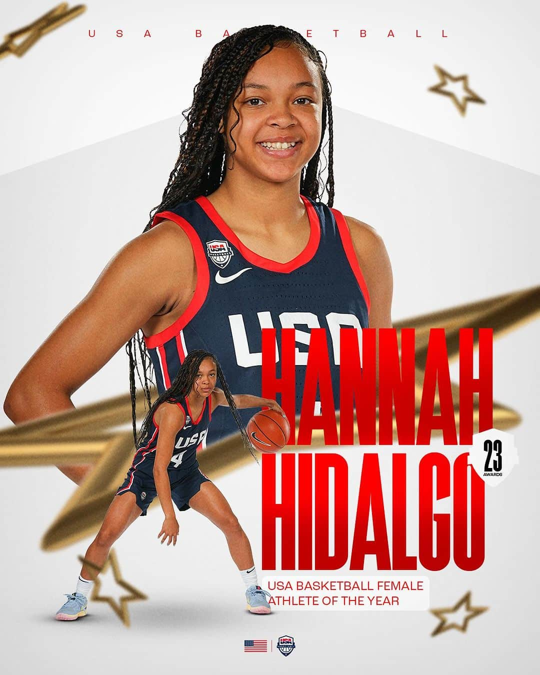 USA Basketballのインスタグラム：「A name you will not forget.   @hannah.hidalgo3 is the 2023 USA Basketball Female Athlete of the Year! 🇺🇸 #USABAwards」