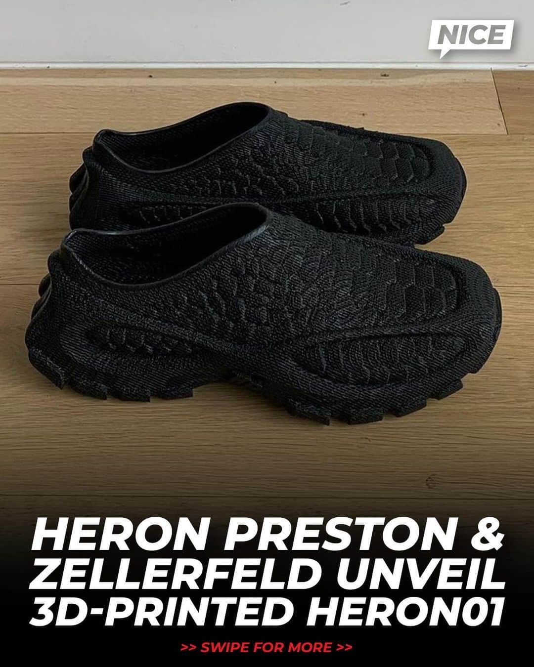 Nice Kicksのインスタグラム：「@HeronPreston and @ZellerfeldOfficial introduce The HERON01 Black which is set to drop December 11 🔮✨  The HERON01 Black uses a new material innovation called ZellerFOAM. The shoe also incorporates a technology called TextureMap which gives the ability to print mixed textures 🔥  LINK IN BIO for more info 📲」