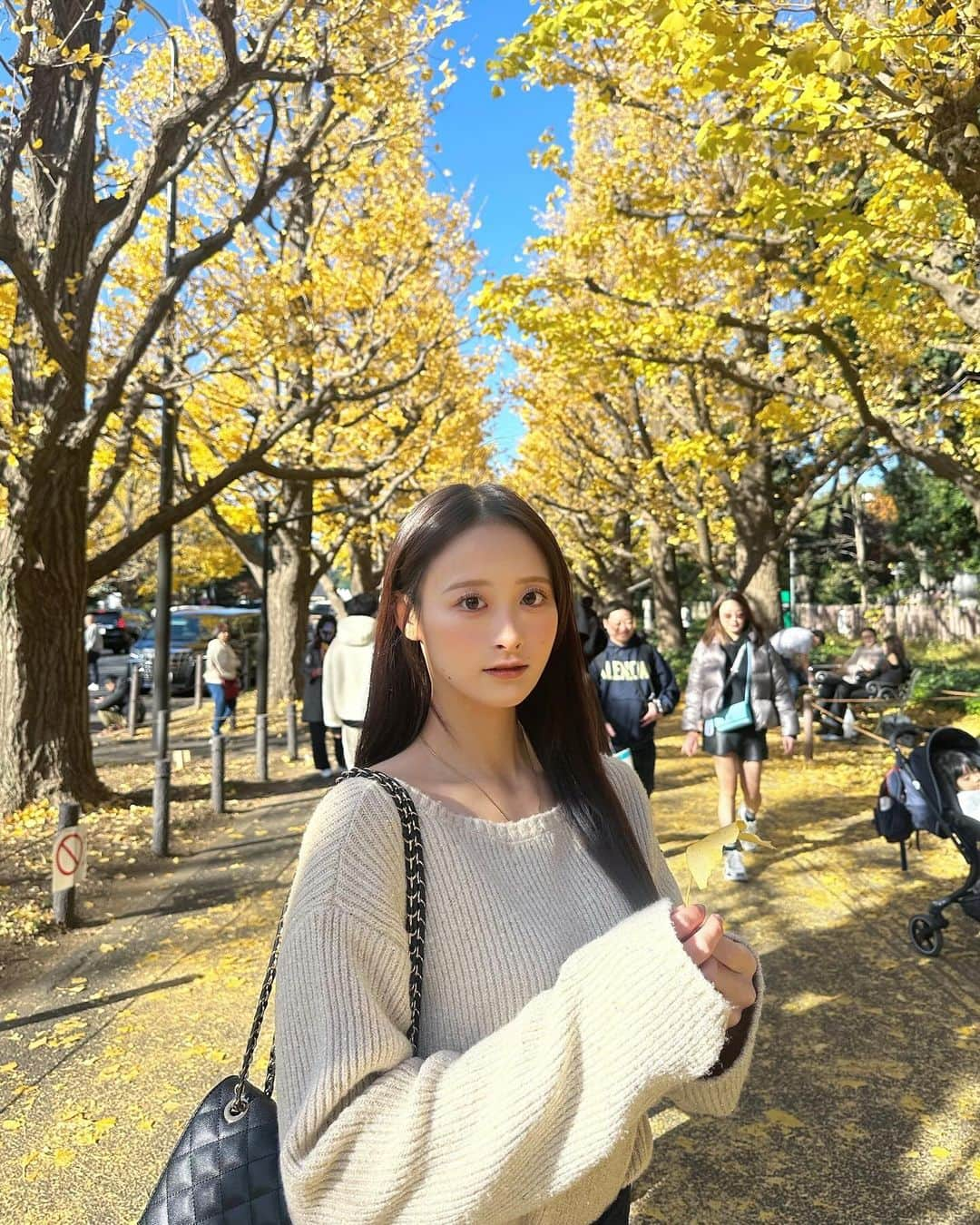 谷川奈々穂のインスタグラム：「滑り込みいちょう並木🫶 今年も行けた( ⌯'-'⌯)  そういえば最近前髪無くしてるんですけども どうですか？初の試み♡」