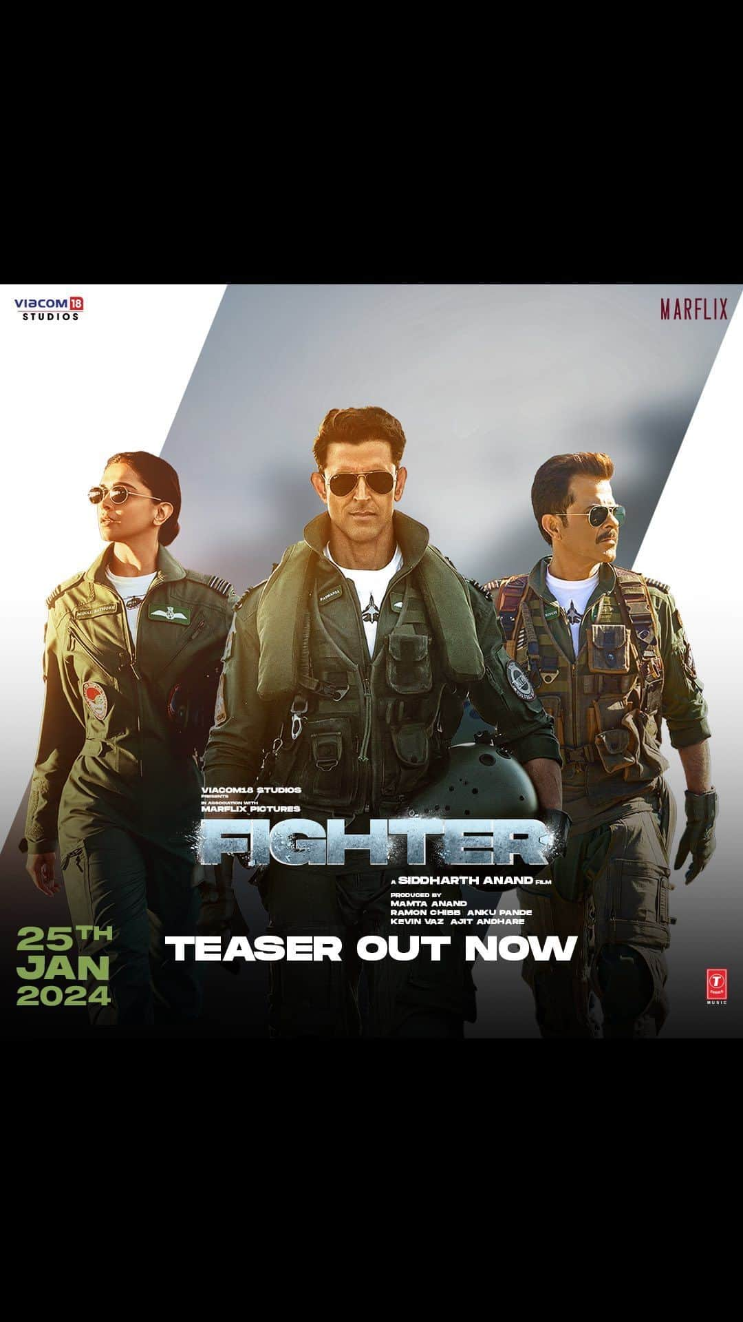 リティク・ローシャンのインスタグラム：「हर उड़ान वतन के नाम! 🇮🇳  #FighterForever.  #FighterTeaser Out Now!  #FighterOn25thJan #Fighter  @s1danand @deepikapadukone @anilskapoor #KevinVaz @ajit_andhare @mamtaanand10_10 @ramonchibb @ankupande @vishaldadlani @shekharravjiani @iamksgofficial @akshay0beroi @viacom18studios @marflix_pictures @tseries.official #FighterMovie」