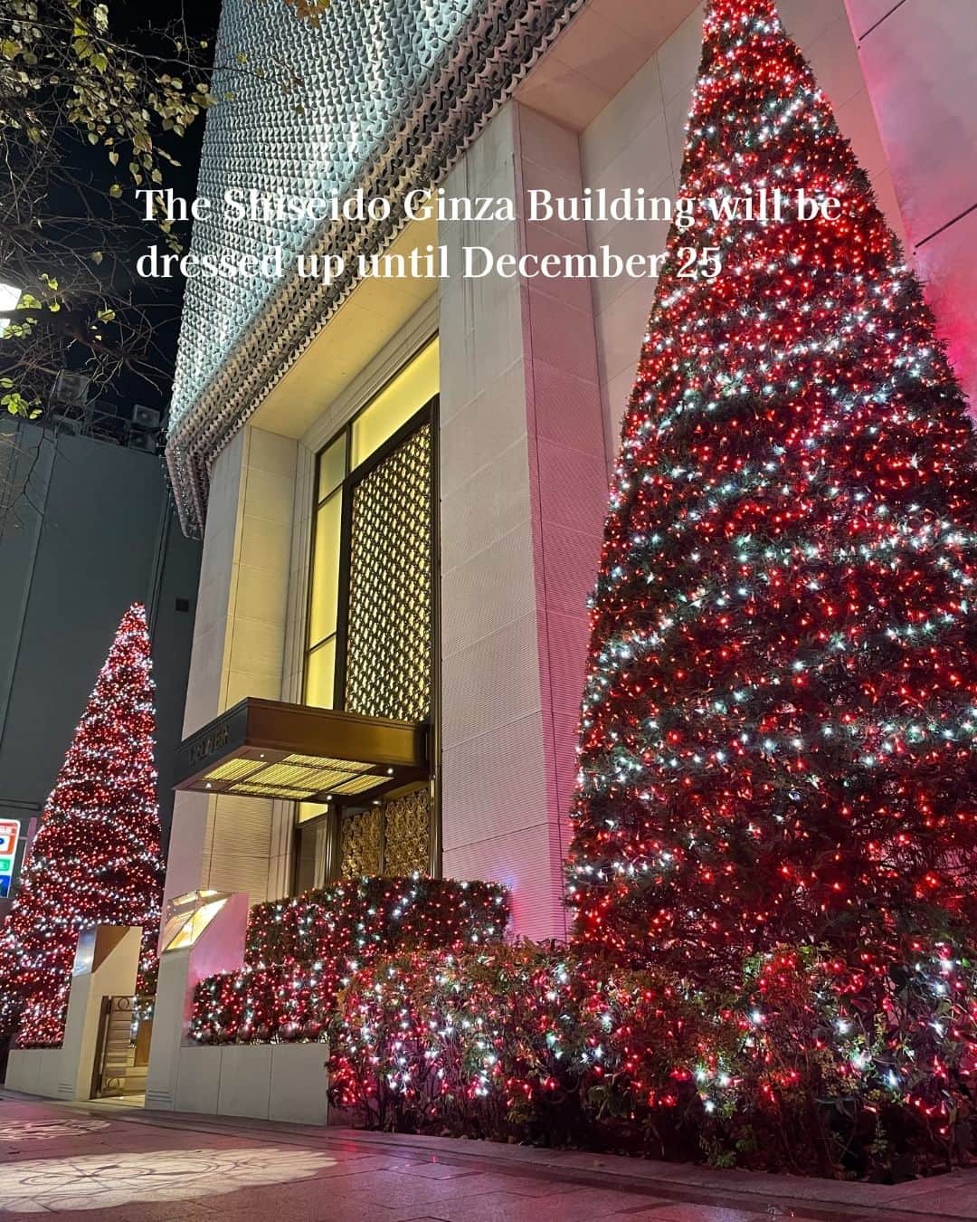 資生堂 Shiseido Group Shiseido Group Official Instagramのインスタグラム：「The Shiseido Ginza Building will be dressed up until December 25.  The building was illuminated in blue from 2020 to 2022 in gratitude to COVID-19 responders, but this year it is lit in our corporate color red again to mark a new phase.  12月25日まで、冬のイルミネーションが資生堂銀座ビルに灯っています。  2020年から2022年は、新型コロナウイルス感染症への対応者に感謝を込め、ブルーイルミネーションを点灯してきましたが、今年は新たな日常を取り戻す次のステージに向けて、再びコーポレートカラーである赤を点灯します。  #shiseido #illumination #ginzaillumination #Ginza #Shiseido #tokyoillumination #shiseidoginzabuilding  #ginzaillumination #銀座イルミネーション #イルミネーション2023 #資生堂 #資生堂銀座ビル #銀座並木通り」