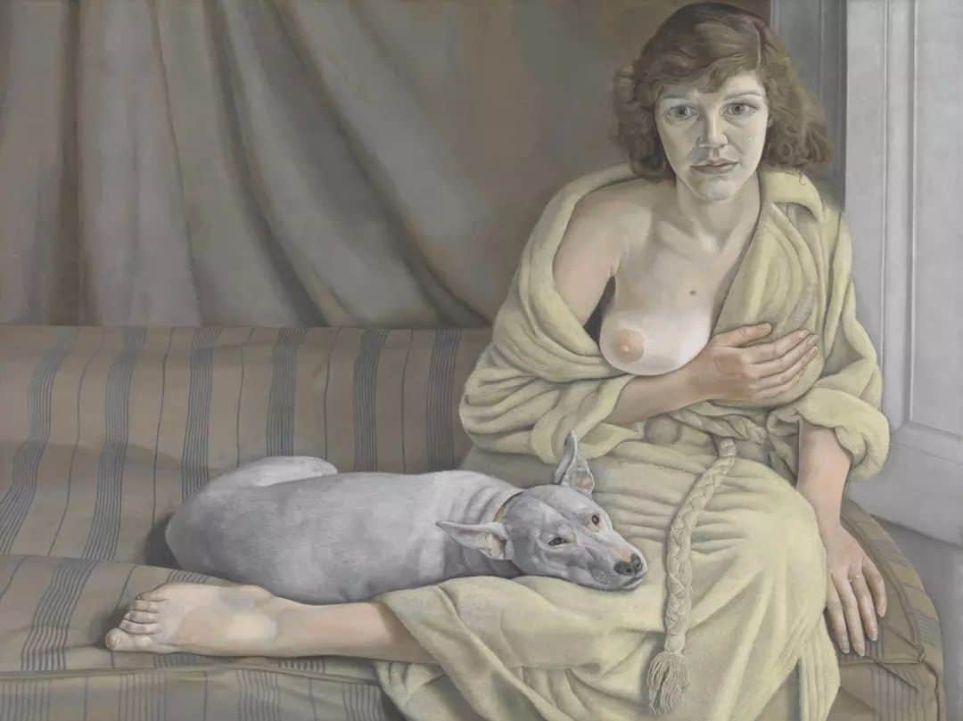 テート・ギャラリーのインスタグラム：「'I've always wanted to create drama in my pictures, which is why I paint people. The simplest human gestures tell stories.' - Lucian Freud was born #OnThisDay 1922. 🗓️  This painting shows Kitty Garman, Freud’s first wife. Although it is hard to tell from the painting, Garman is pregnant with their second child. The setting, the dog’s pose, and the way her robe appears to have slipped off her shoulder, gives this image an intimate feel. This contrasts with the anonymous title of the work, and Garman’s blank expression. Freud was known for depicting his sitters – often friends and lovers – in a way that suggests intimacy, but often feel uncomfortable for the viewer. 🎨  Find this painting on display in our Tate Modern exhibition #CapturingTheMoment until 28 April 2024.  🖼️ #LucianFreud, Girl with a White Dog, 1951–1952 © Tate」