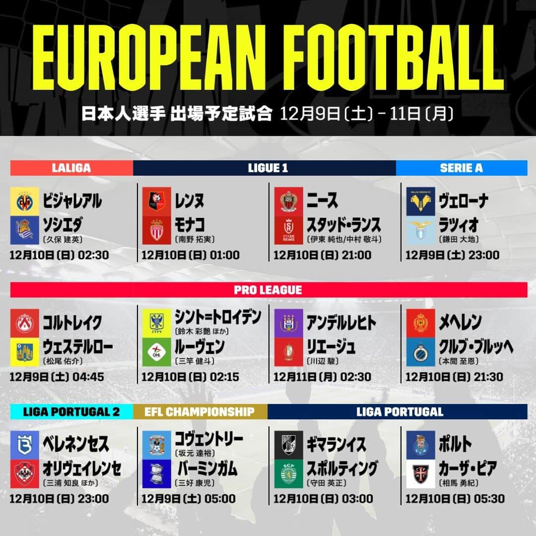 DAZN JAPANさんのインスタグラム写真 - (DAZN JAPANInstagram)「. ／ 🇯🇵週末も日本人選手たちの 熱戦を見逃すな👀 ＼  🇪🇸ラ・リーガ 前節は悔しいドロー、#久保建英 は今節こそ得点なるか⚽  🇫🇷リーグアン #南野拓実 は2戦連続ゴール中😎今節も期待!  #伊東純也 は全試合先発出場中👏#中村敬斗 も前節復帰💪  🇬🇧EFLチャンピオンシップ  #坂元達裕🆚#三好康児 が実現？」12月8日 18時30分 - dazn_jpn