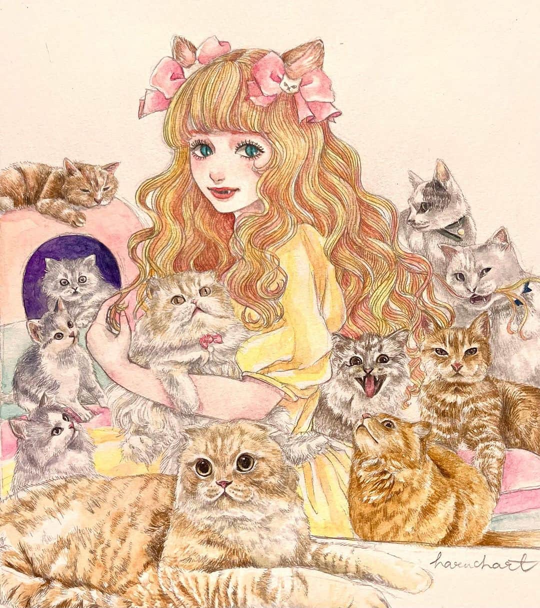haruchartのインスタグラム：「🐈  皆様の愛猫様の画像寄付してもらえたおかげで完成しました！！！！  ずっと、なぜかここ最近くすみ寒色系オバケ描いてたから 暖色系ほんわか雰囲気で姫と動物描きたくて描き始めた。 けど送ってくださった猫が可愛いから結局姫の要素ゼロなぐらい猫入れましたが幸せなのでおけです  残念ながら全ての猫様を入れることはできませんでした😢  飼い主様と全猫様に感謝🌪️ありがとう  1/19〜21 大阪でイベントしますので来れそうな方は予定空けててくださったら超嬉しいです😢  #art #イラスト #アート #水彩 #haruchart#猫 #cat #catart」