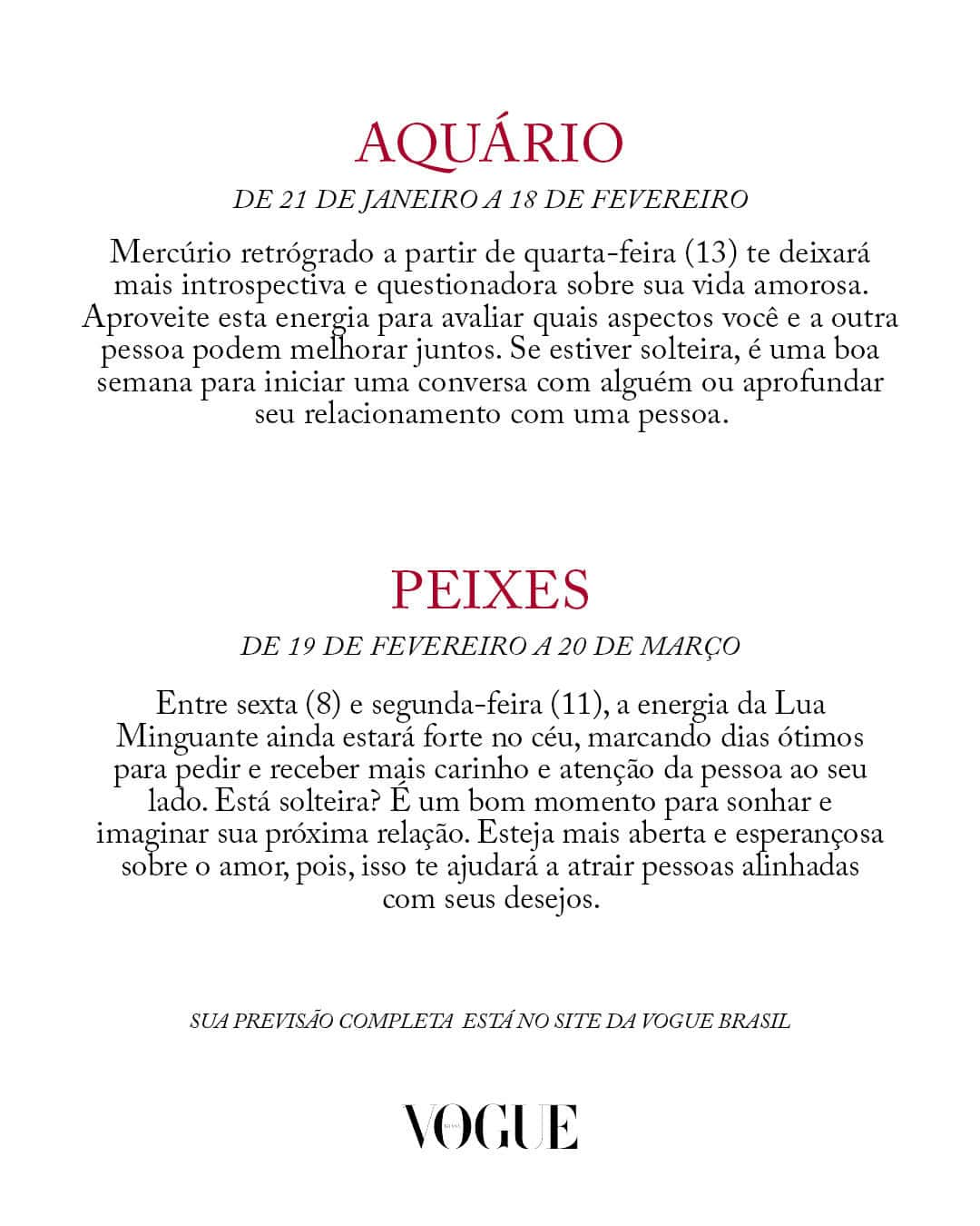 Vogue Brasilさんのインスタグラム写真 - (Vogue BrasilInstagram)「Qual é a previsão da semana para o seu signo no amor? Toda sexta-feira você pode ler no nosso site o #Horóscopo focado em relacionamentos amorosos assinado por @brunandreoli. “A energia da Lua Minguante permanece ativa entre sexta-feira (8) e segunda-feira (11). Com isso, esses são dias indicados para priorizar a tranquilidade e a intimidade em sua relação amorosa. Se estiver solteira, esta é uma semana para buscar tranquilidade em sua esfera amorosa. Não se envolva com quem te deixa tensa, insegura ou com muitas dúvidas”, diz. Em vogue.globo.com, ela explica os principais acontecimentos astrológicos dos próximos sete dias e faz previsões para te ajudar a passar por esse período, estando você em um relacionamento ou não. No link da bio! #HoróscopoVogue」12月9日 6時18分 - voguebrasil