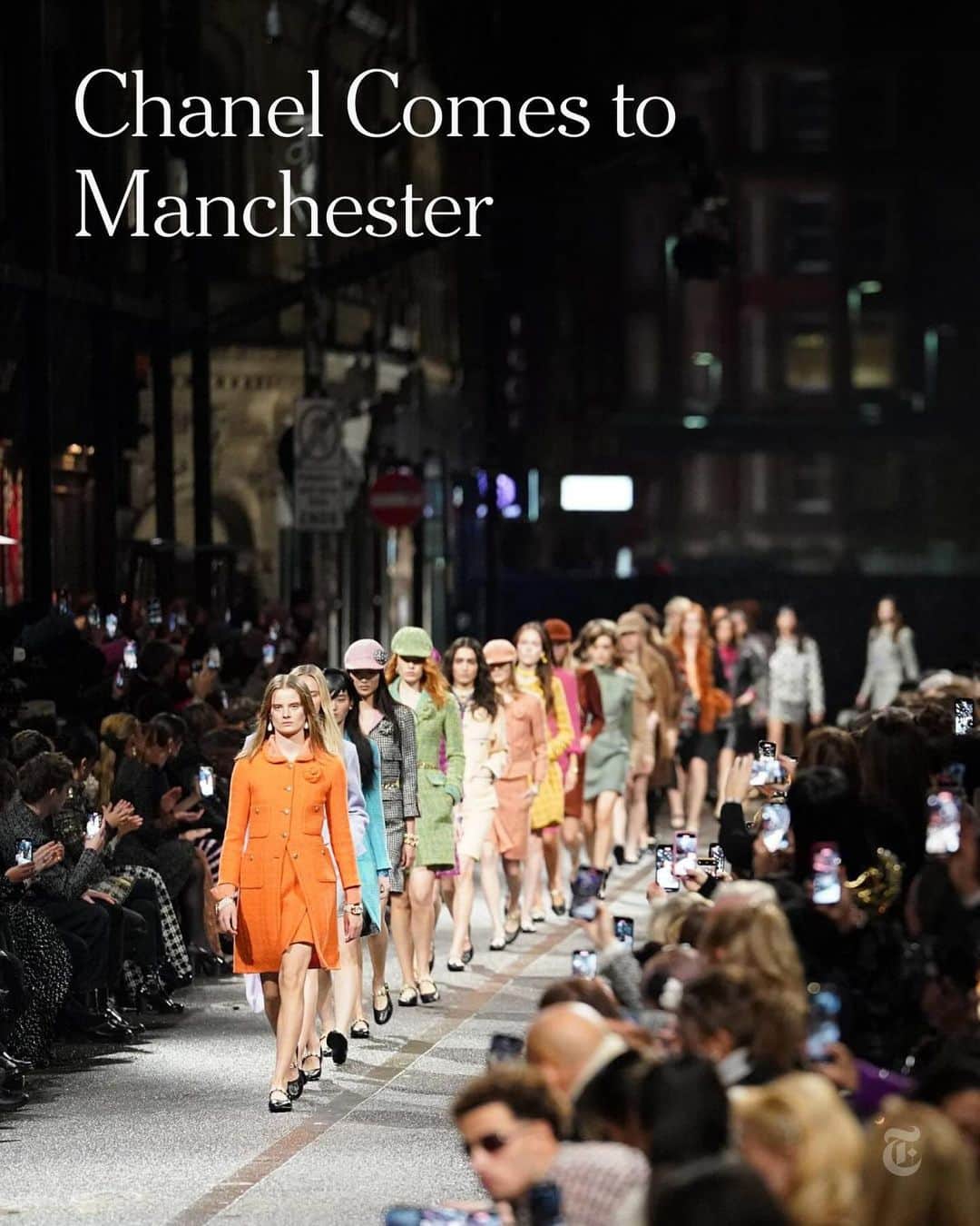 New York Times Fashionのインスタグラム：「Most people would not consider Manchester a capital of high fashion, but that all changed this week when Chanel took over the English city for its Métiers d’Art runway show, an annual presentation of the intricate craftsmanship of its specialist ateliers. On Thursday, 600 guests, braving icy winds and lashing rain, descended on the Northern Quarter neighborhood for a runway show held on Thomas Street.  The collection’s inspiration spanned from the 1960s to 1980s. Tweed was the heart of the collection, seen in smart skirt suits, paired with matching baker boy caps, Mary Janes, and soccer scarves, writes @elizabethcpaton. Other outfits paid tribute to New Wave club girls, with black denim and patent leather looks and sheer baby-doll dresses with bodices made from interlocking C’s and graphic flourishes inspired by logos from the soccer stands.   All of it was bags of fun, far more tongue-in-cheek than the usual fare from a French fashion house, and a spotlight on one of Britain’s best-loved cities.  Read a full review of the show at the link in our bio. Photos courtesy of Dominic Lipinski/Getty Images and @chanelofficial」