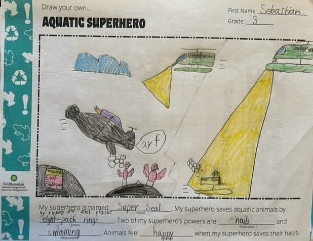 スミソニアン博物館のインスタグラム：「It’s a bird! It’s a plane! It’s... a Super Seal!  Sebastian is a third grader who cares a lot about animals, as demonstrated in his artistic representation of his seal superhero. This aquatic do-gooder saves fellow sea creatures by “ripping off evil plastic eight-pack rings.”   Created during our @smithsonianzoo’s Conservation Classroom program, this activity highlights animal adaptations. For example, did you know that seals can see better underwater than above the surface? To help seals thrive, it is important to protect their habitats from trash as entanglement and ingestion of plastics can be deadly.  Check out this lesson and create your own aquatic superhero in the link in our bio!」