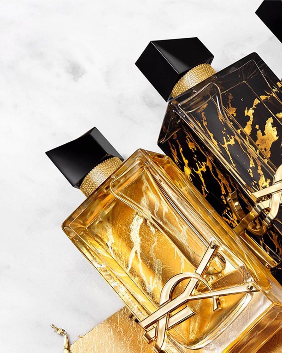 Yves Saint Laurent Beautyのインスタグラム：「Experience the allure of LIBRE EAU DE PARFUM with an exquisite hand-decorated bottle in gold, black, or silver leaves.  #YSLBeauty #Libre #LibreAtelier」