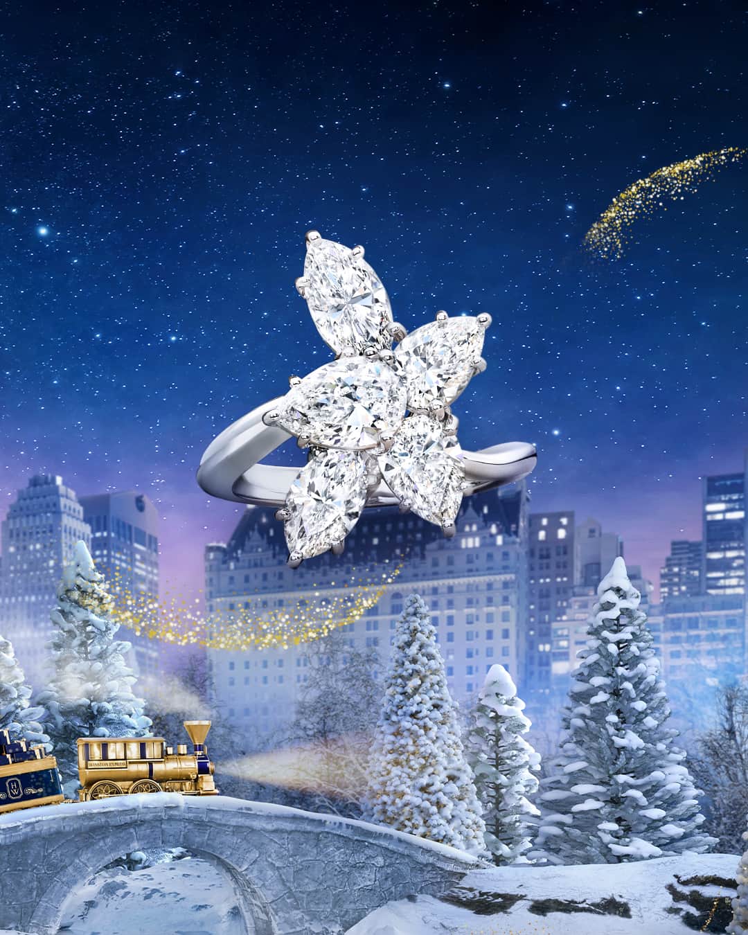 ハリー・ウィンストンのインスタグラム：「A Winston Cluster Diamond Ring exquisitely sparkles with the magic of enchanting winter scenery. Celebrate the holidays with a diamond gift from Harry Winston—link in bio. #WinstonWishes #WinstonCluster #HarryWinston」