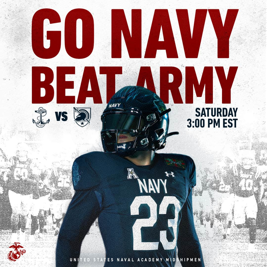 アメリカ海兵隊のインスタグラム：「GO NAVY! 🏈   The 2023 Army-Navy Game kicks off tomorrow, Dec. 9, at 3:00pm EST. Of the 25 seniors on the Navy Football team, 10 have received #MarineCorps service assignments.   Follow us for updates.  #GoNavy #BeatArmy #USMC​」