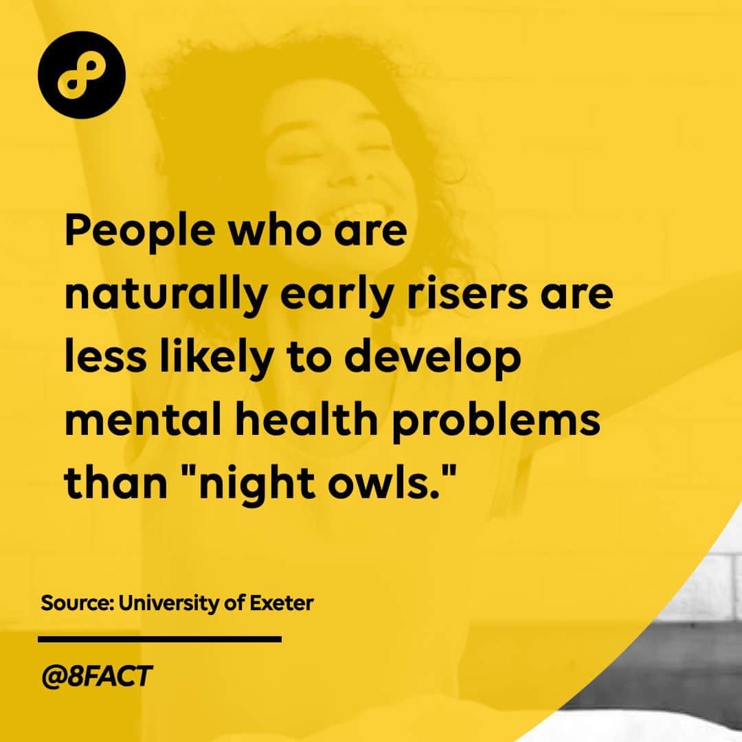 のインスタグラム：「Being biologically programmed to wake up early is linked to greater happiness and a lower risk of schizophrenia and depression.」