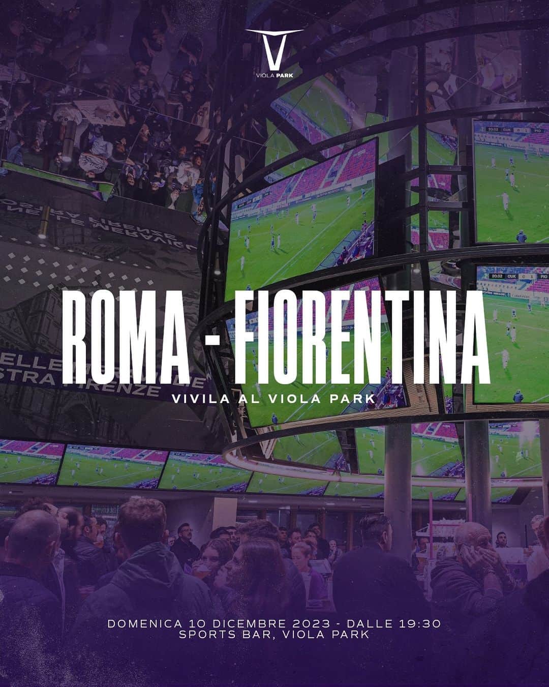 ACFフィオレンティーナのインスタグラム：「Vivi Roma-Fiorentina al Viola Park💜 Ci vediamo dalle 19.30 di domenica 10 dicembre presso i nostri Sports Bar.  🔗 Prenotati subito nel link nelle IGs  #forzaviola #fiorentina #violapark」