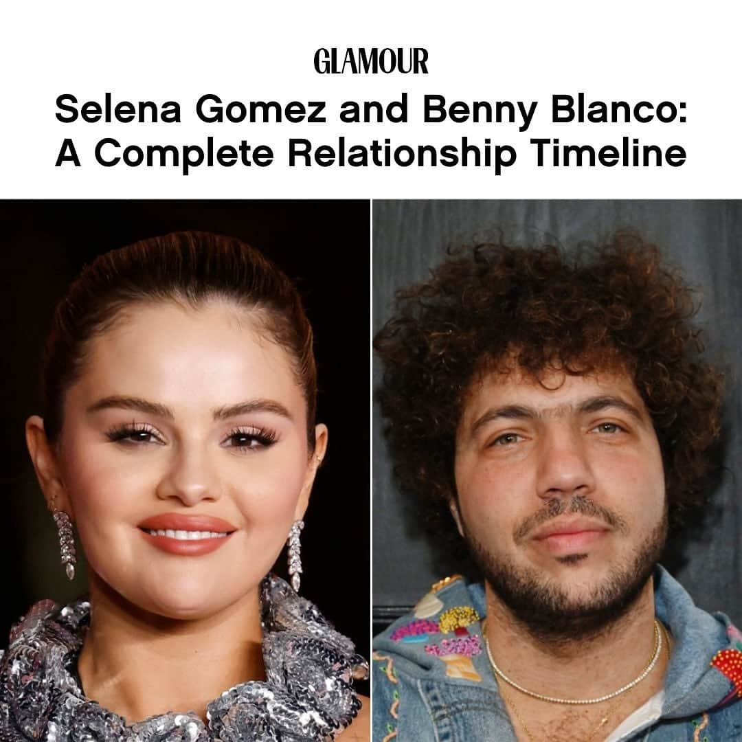 Glamour Magazineのインスタグラム：「Love is in the air! Shortly after #SelenaGomez confirmed her relationship with #BennyBlanco, the singer defended her new beau on social media, then shared a close-up of a blinged out “B” ring. While this may be new to us, the pair have known each other for quite some time. Check out their full relationship timeline at the link in bio.」