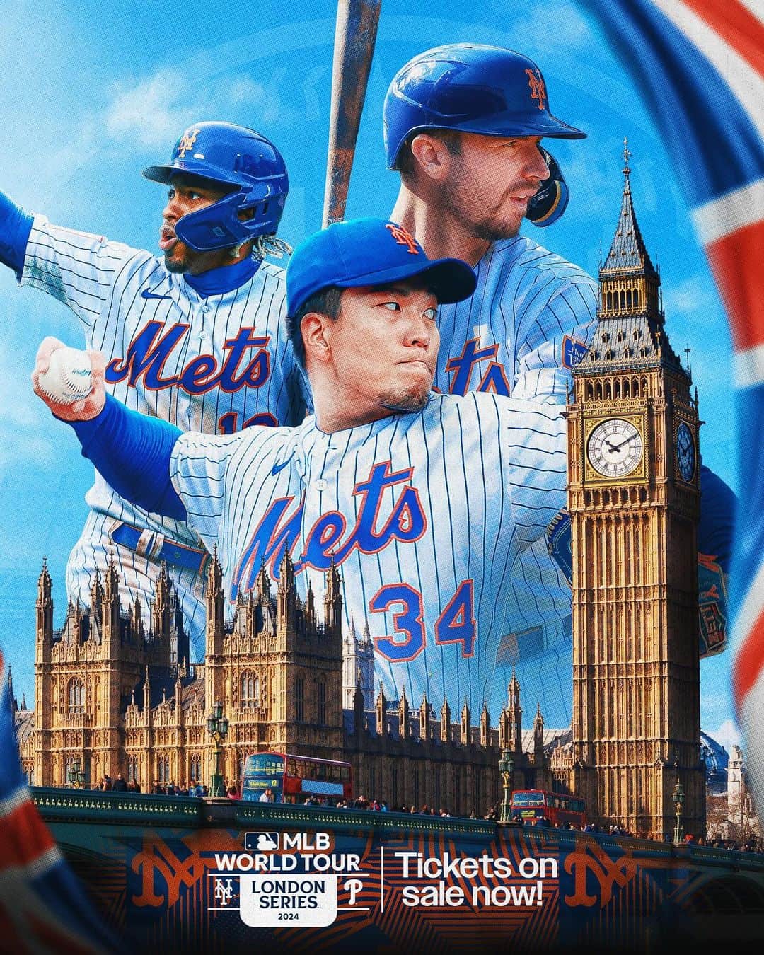 ニューヨーク・メッツのインスタグラム：「Meet us across the pond 🇬🇧   Tickets for the MLB World Tour: London Series 2024 are on sale NOW! Link in bio.   #LondonSports #UKBaseball #BaseballinLondon #BaseballFans #TicketSales #LGM #MetsFans」