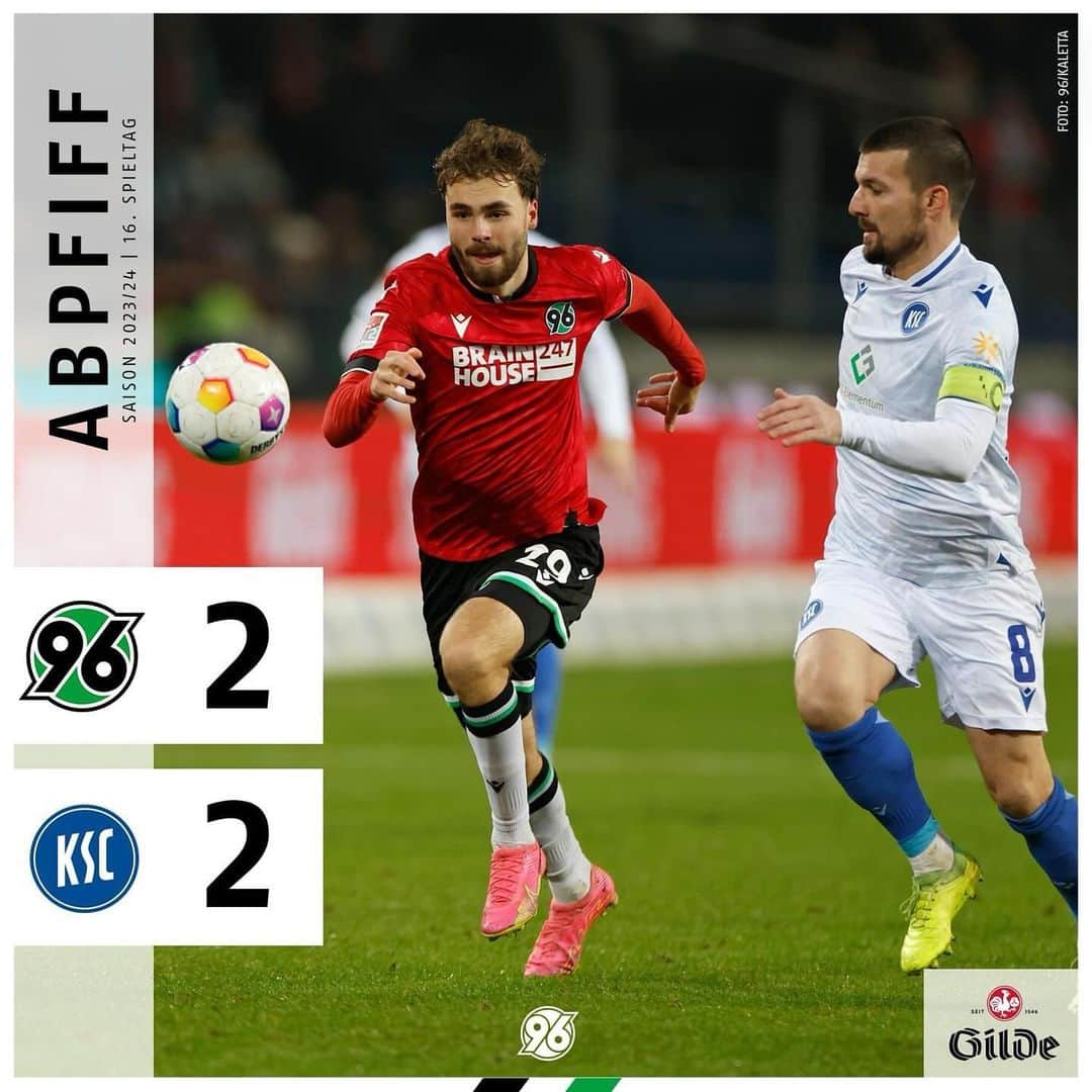 ハノーファー96のインスタグラム：「Wir kämpfen uns nach Rückstand zurück und holen durch einen Treffer in der Nachspielzeit noch einen Punkt!  #H96KSC #H96 #Hannover96 #NiemalsAllein ⚫⚪💚」