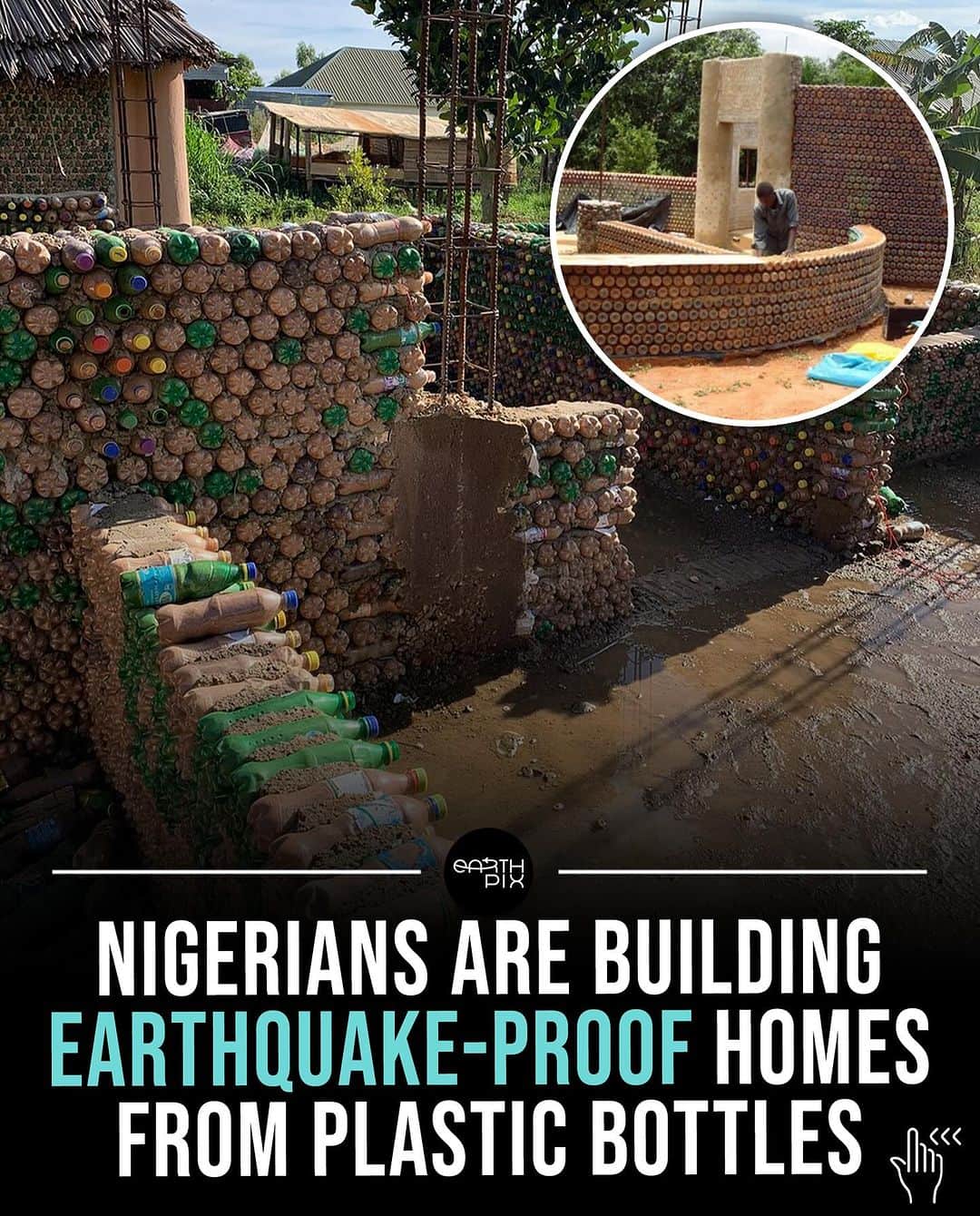 Earth Picsさんのインスタグラム写真 - (Earth PicsInstagram)「Nigeria takes the lead in sustainability by transforming plastic bottles into sturdy homes! 🏡 This housing project in the village of Yelwa has not only become a tourist attraction but is also making a positive impact on the environment.   The innovative technique involves filling plastic bottles with sand and stacking them together with mud, creating homes that are not only eco-friendly but also bulletproof and earthquake-resistant.  Each home, made from approximately 7,800 plastic bottles 🌍  #earthpixsustainable #sustainability #ecofriendly」12月9日 5時20分 - earthpix