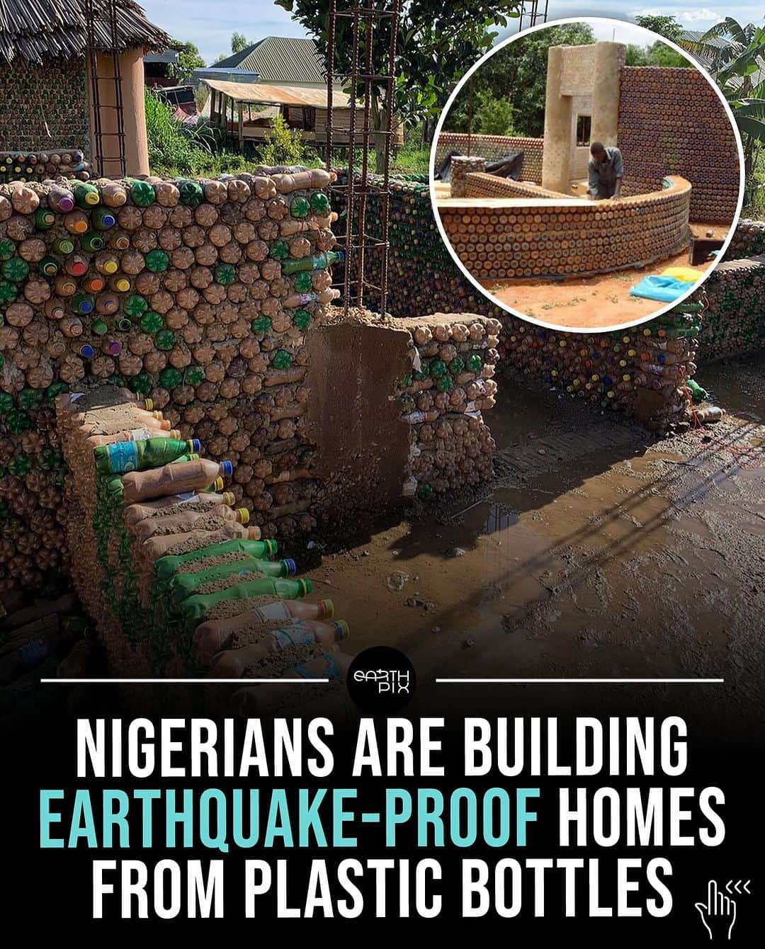 Earth Picsのインスタグラム：「Nigeria takes the lead in sustainability by transforming plastic bottles into sturdy homes! 🏡 This housing project in the village of Yelwa has not only become a tourist attraction but is also making a positive impact on the environment.   The innovative technique involves filling plastic bottles with sand and stacking them together with mud, creating homes that are not only eco-friendly but also bulletproof and earthquake-resistant.  Each home, made from approximately 7,800 plastic bottles 🌍  #earthpixsustainable #sustainability #ecofriendly」