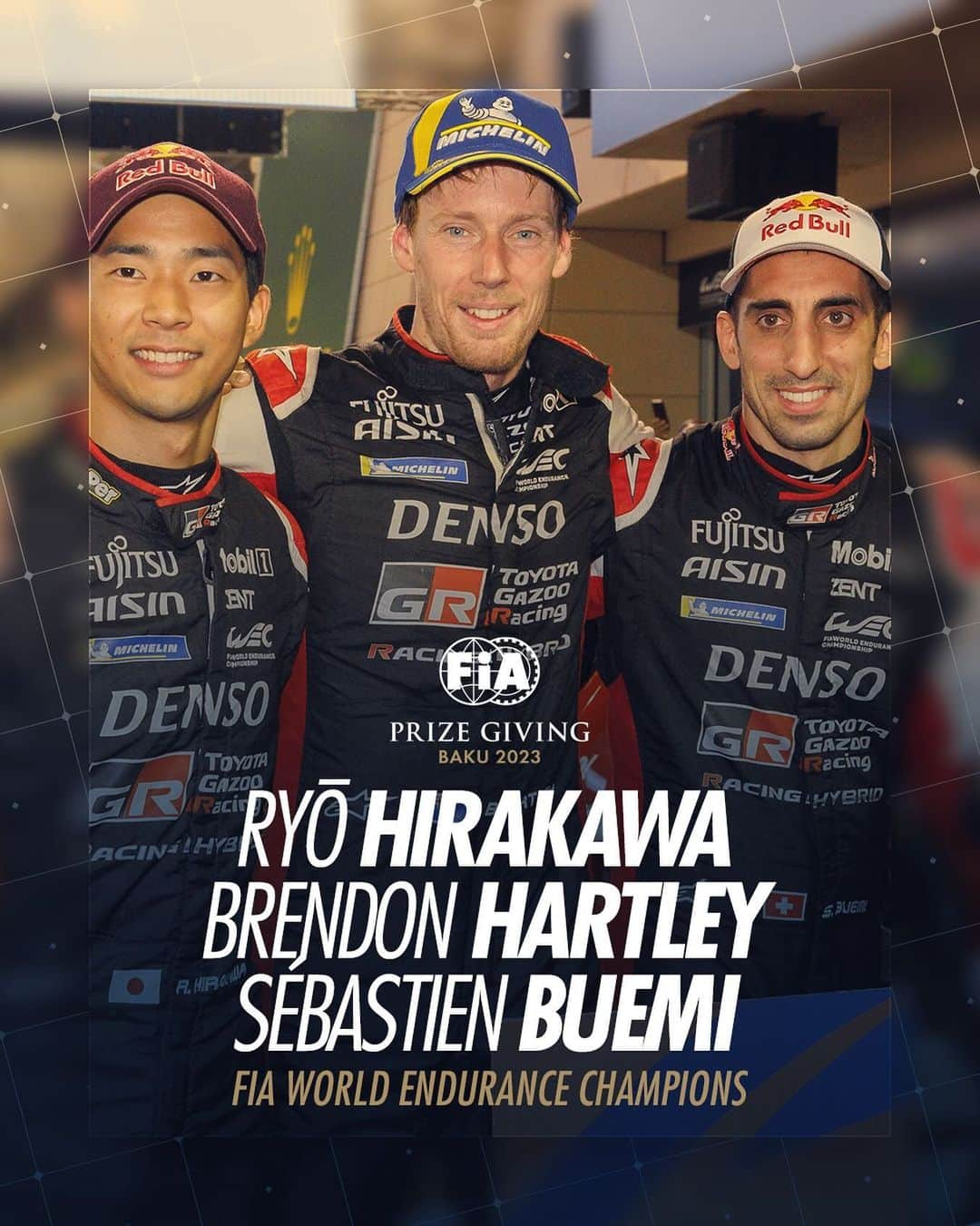 セバスチャン・ブエミのインスタグラム：「@Sebastien_Buemi, @Brendon_Hartley and @ryohirakawa0307 are the 2023 FIA World Endurance champions Make sure to watch FIA Prize Giving ceremony live now, on FIA YouTube channel #FIAPrizeGiving2023"」