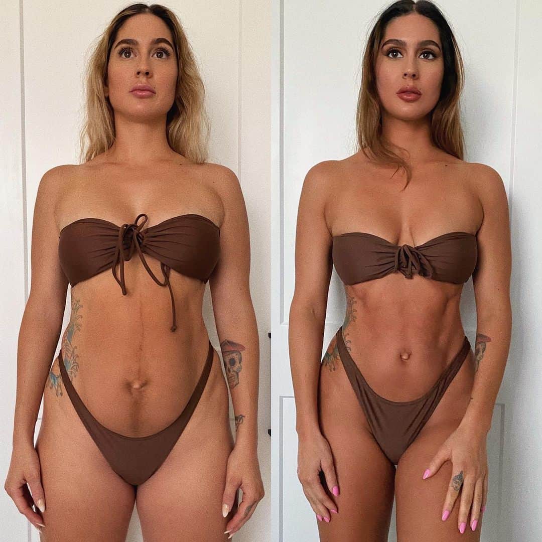 ホープ・ハワードのインスタグラム：「🤎7 MONTHS POSTPARTUM TRANSFORMATION🤎I’m so freaking excited and happy because I finally got back to my pre-pregnancy weight woohooo! I gained 45 lbs during my pregnancy and have officially LOST 46 POUNDS! So I actually weigh a little less then before I got pregnant and I owe all of my progress to my Fitness and Nutrition Guides. If you’re lost on where to start or want to take your Fitness Journey to the next level please check out my guides. I would love to help you achieve your goals!💪🏽😘💗」