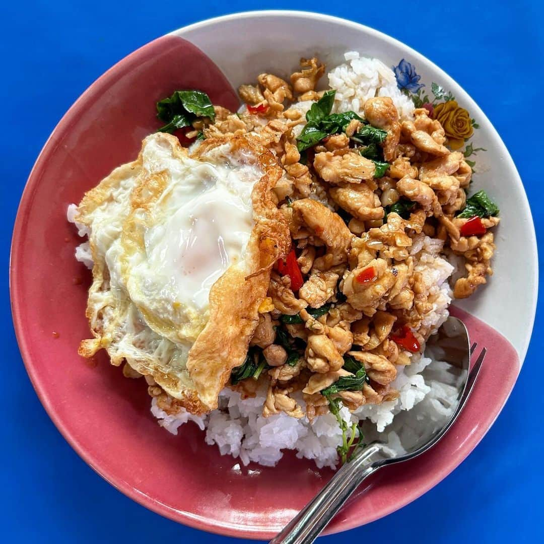 エダジュンのインスタグラム：「バンコク３日目のお昼ごはん。  みんな大好きガパオガイ🇹🇭 ガパオのお店沢山あって、迷ったのですが😵‍💫  またまた、器の雰囲気やらの直感で、 アハーンタムサン ノーンビーさんへ🏃‍♂️  器も料理のひとつですからね✨  去年はひき肉系のガパオを食べに行ったのですが、今年は胸肉をベースにした、ゴロゴロ粗挽き以上の弾力系です！  シンプルに、鶏肉、ホーリーバジル、唐辛子の具材で、少し濃い目な味付けが現地らしいなと☺️✨  カイダオと一緒に絡めて、ごはんが一瞬で消えました笑。辛さはお母さんが聞いてくれたので、少なめにしましたが、それでも滝汗辛さ😂！屋台の扇風機に吹かれながら、良き時間が過ごせましたー🙌  あと、お母さんめちゃ優しくて 『この器で食べたいなー』とお伝えしたら、 笑顔でOK🙆‍♀️と対応してくれた🥹(めんどくさい日本人の噂が立ちませんように...)  これで、300円弱くらいだから、コスパもすごい😳  ごちそうさまでしたー！  #ガパオ#ガパオガイ #タイ料理#バンコクグルメ #バンコク旅行 #エダジュン」