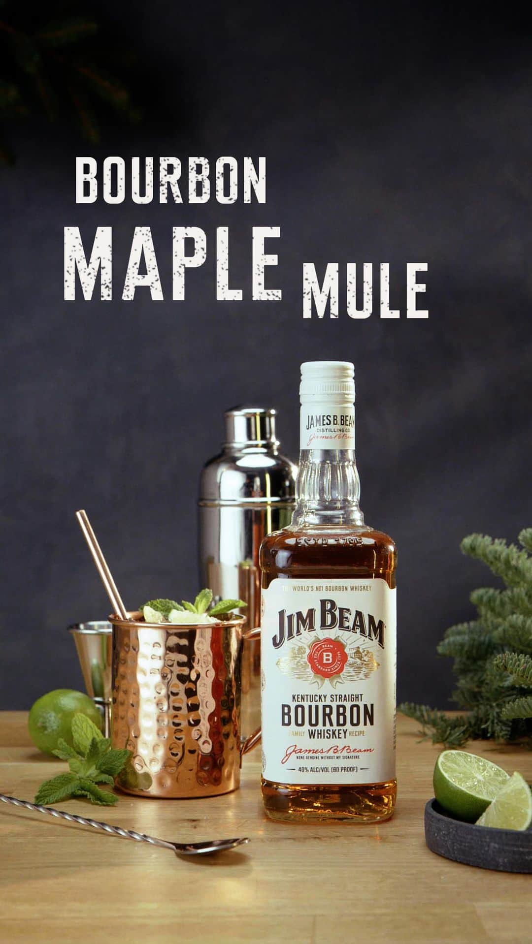 Jim Beamのインスタグラム：「Mix today, mingle tomorrow. This Bourbon Maple Mule is made for making ahead.⁣  ⁣ ---⁣  ⁣ Recipe:⁣ 11-12 servings⁣  ⁣ 750ml Jim Beam™⁣ 4oz of Maple Syrup⁣ 18 dashes Angostura™ Bitters⁣ 24oz Ginger Beer⁣ 6 oz Lime Juice⁣ Garnish with Mint Sprig and Candied Ginger⁣  ⁣ Pour out 7oz Jim Beam™ and set aside for future use. Add 4oz of Maple Syrup. Add 18 dashes Angostura™ Bitters. Shake and chill in freezer overnight. When ready to serve, add 2oz to the cocktail with ice and top off with 2oz of ginger beer, .5 ounce of Lime Juice and stir. Garnish with Mint Sprig and Candied Ginger.」